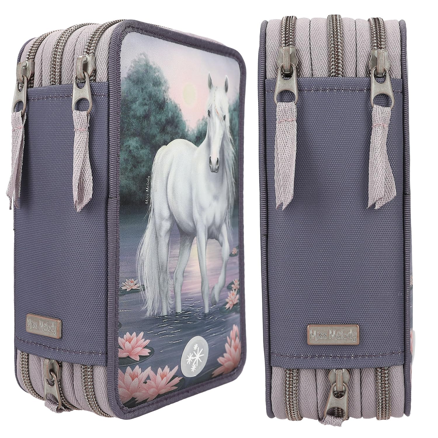 Depesche 12947 Miss Melody - Gefüllte 3-Fach Federtasche in Lila, mit LED, Seerosen und Pferde Motiv, Federmappe mit Buntstiften, Lineal, Schere uvm.
