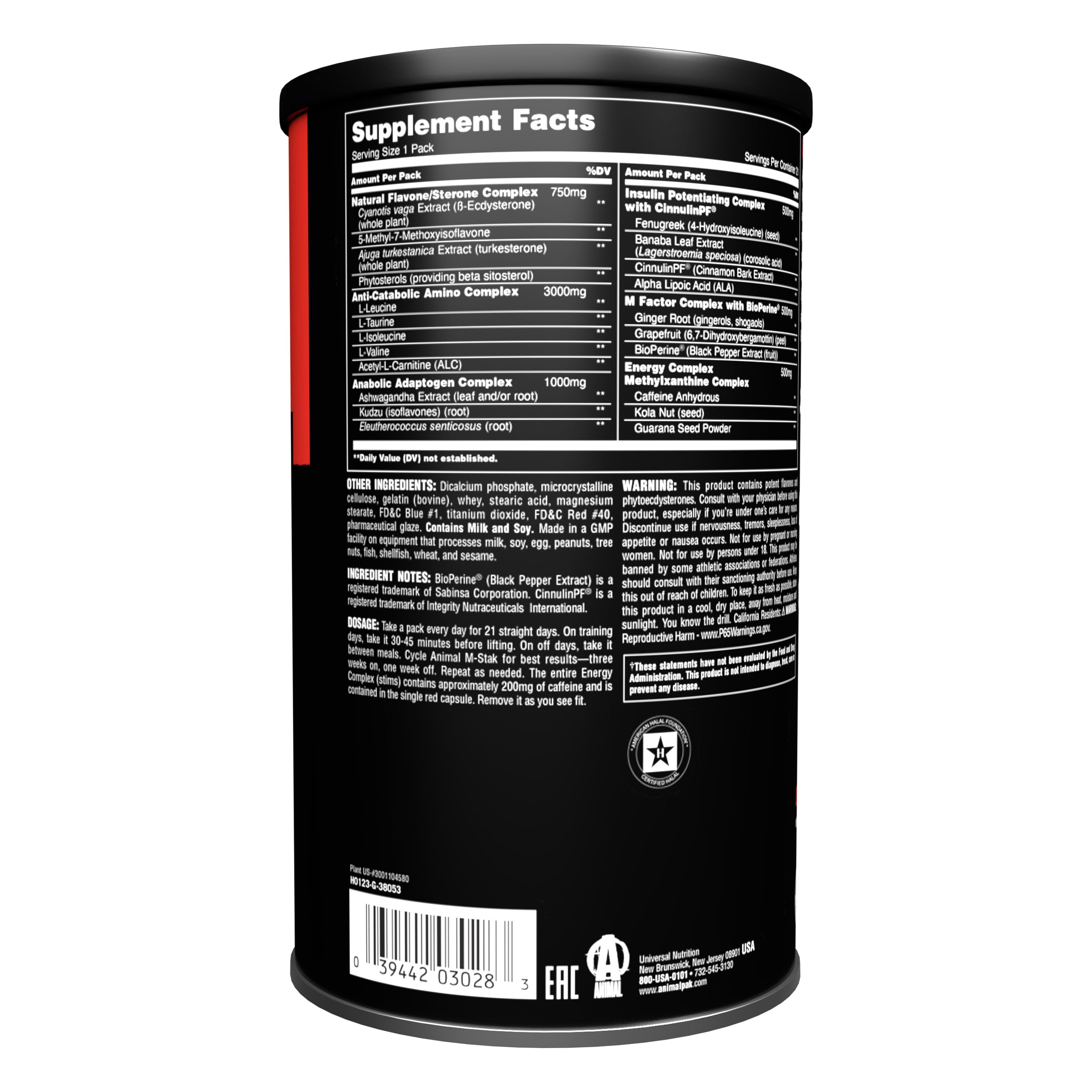 ANIMAL M-Stak – todo-en-uno-fórmula para Hardgainers - suplemento no hormonal para favorecer el desarrollo muscular - con aminoácidos, jengibre y cafeína - 21 envases