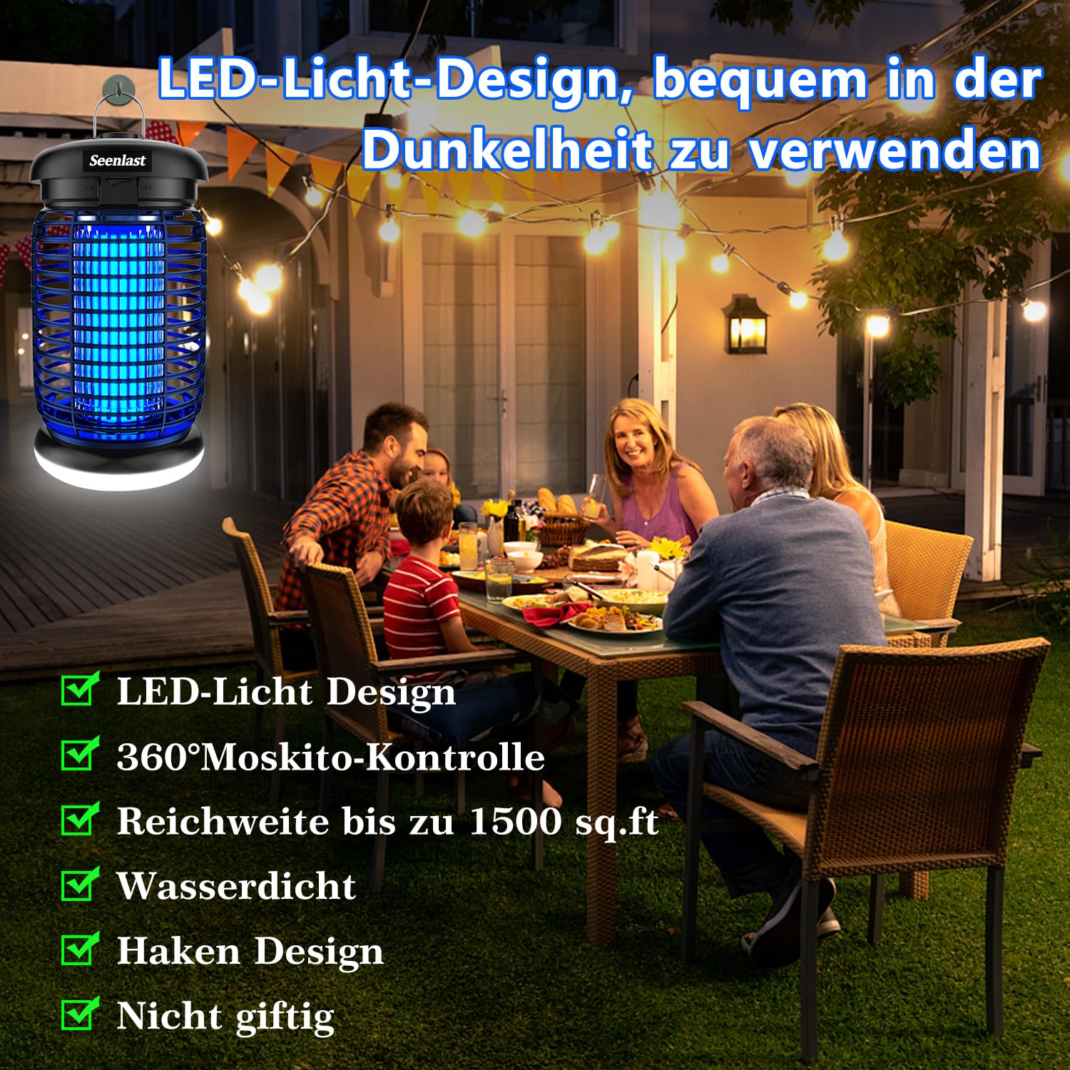 seenlast Elektryczna Pułapka na Owady, Lampa owadobójcza 15W 4200V z oświetleniem LED | Wodoszczelna (IPX4) | Skuteczna przeciw komarom, molom, muchom, pająkom | Do użytku wewnątrz i na zewnątrz