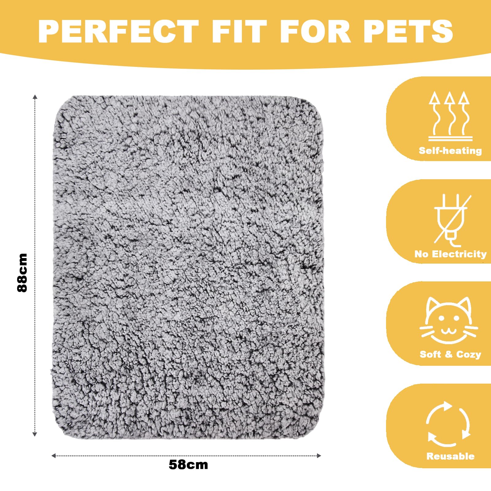 Tapis Chauffant pour Chat, Couverture Chauffante Auto-Chauffage sans Électricité, 88x58cm Tapis pour Doux avec Base Anti-Dérapante, Coussin Chauffage pour Chats et Petits Chiens