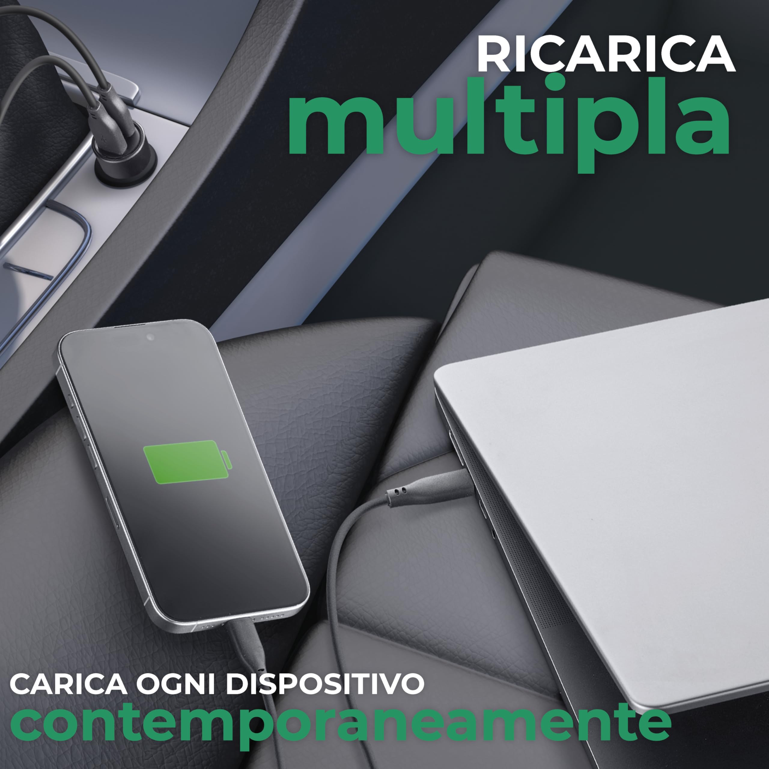 Caricabatterie Rapido 65W - 2 Porte: 1xUSB-C 20W PD + 1xUSB-C 45W PD - Cavo USB-C 1m Incluso - LED Attivo - Ricarica Sicura in Auto - Adatto a Tutti Gli Smartphone, Tablet e Laptop - Nero