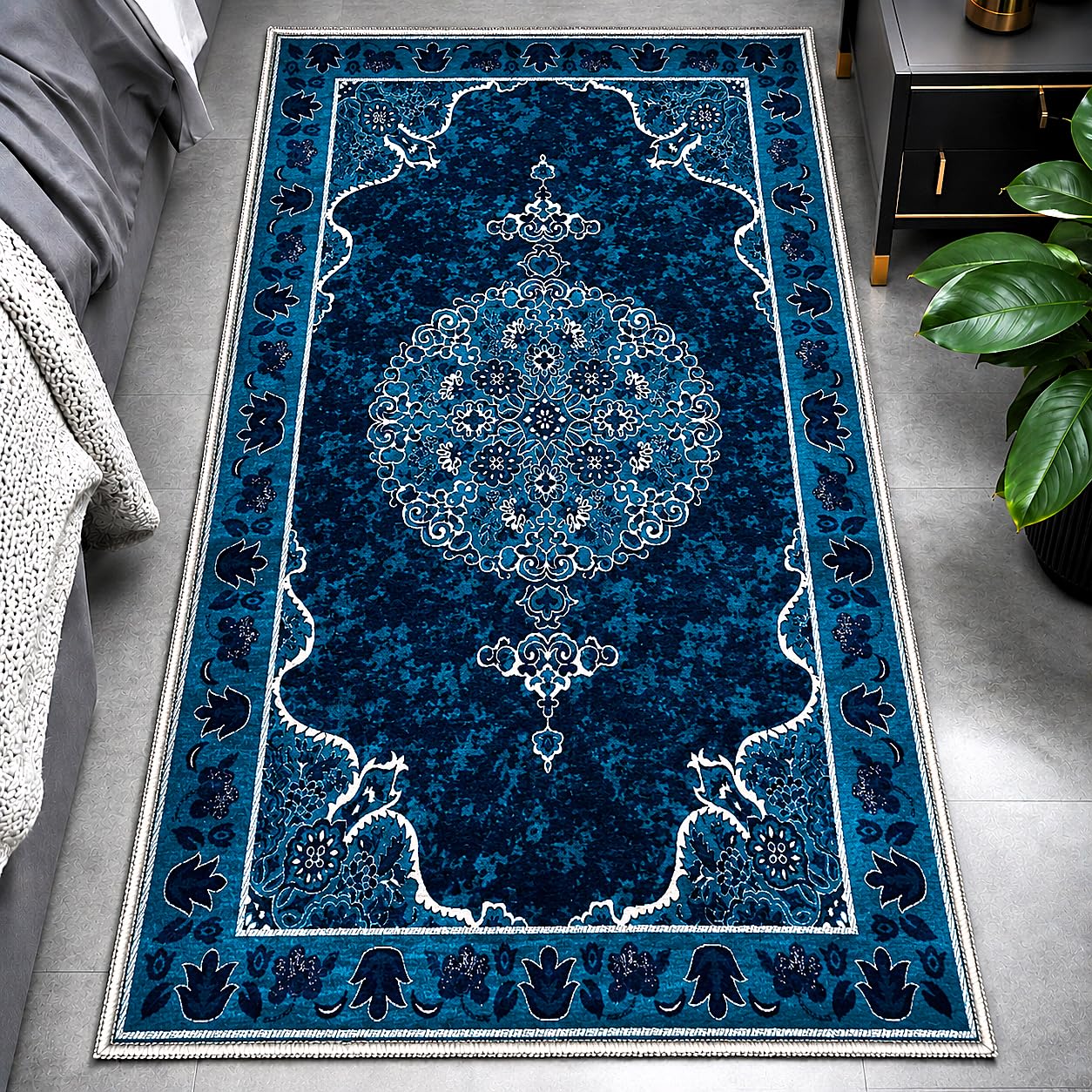 Premium Chenille Velvet Bedside Runner with Anti-Slip TPR Backing - Blue, Soft Anti Skid Bedroom Runner Carpet, Floor Rug for Bedside, Living Room, Hallway & Home Decor-picture-35
