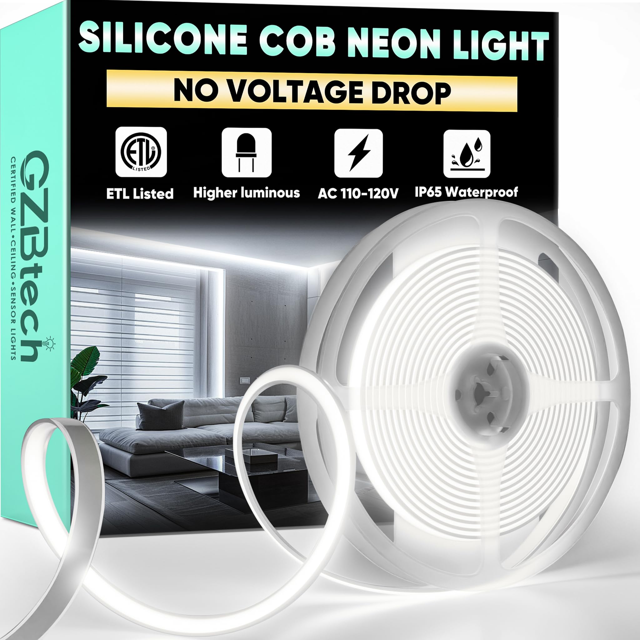 GZBtech Silicone COB Neon Rope Lights 16.4FT/5M, 6000K Super Bright Cold White Waterproof Neon Strip Light, 110-120V Flexible Cuttable Tape Rope