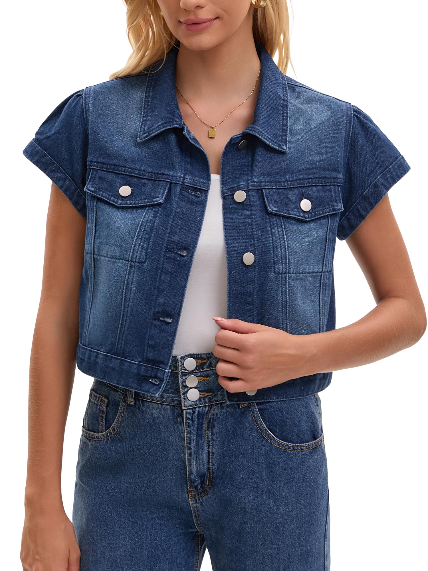 Veste En Jean Femme Boutonnée À Manches Courtes Et Col Revers Blouson Court En Denim Classique