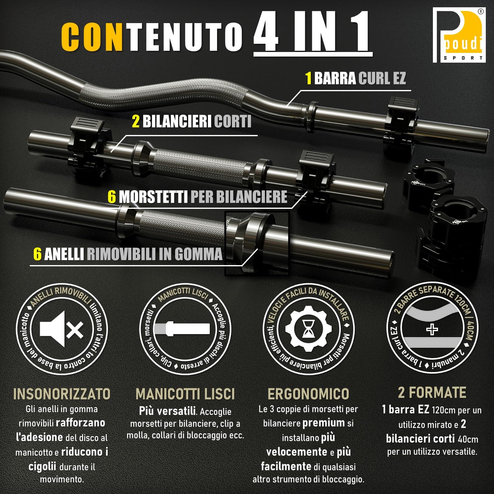 1 EZ curl barra bilanciere 120cm + 2 barre manubri corti 40cm | Ø 28/30mm | 6 morsetti per bilanciere | Acciaio cromato