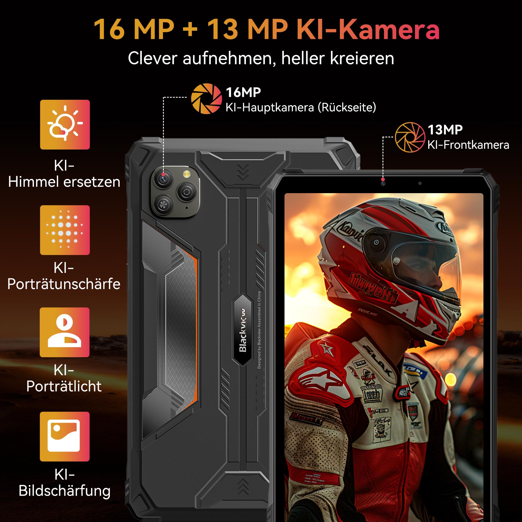 Blackview Active5 Outdoor Tablet 8 Zoll, 90Hz Display, Rugged Tablet mit SIM 4G, 18GB RAM 128GB ROM/2 TB TF, GeminiAI 3.0, NFC, Gesichtserkennung, Fingerabdruckerkennung, IP68 & IP69K & MIL‑STD‑810H