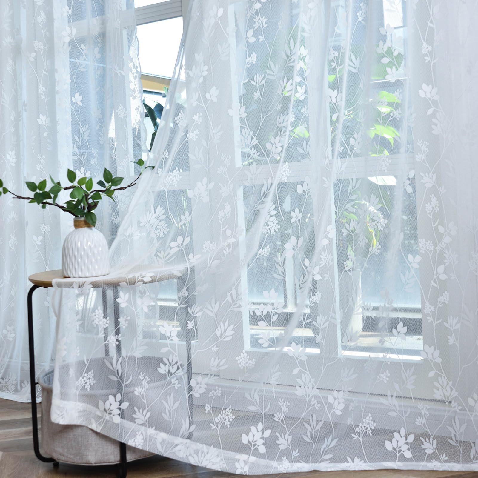 FINECITY White Lace Curtains 90 Inches Long 2 Panels Set, Country Leaf Floral Vintage Lace Curtain Panels for Living Room, Rod Pocket Light Filtering Privacy Scalloped Edge Lace Curtains, 52 x 90 Inch