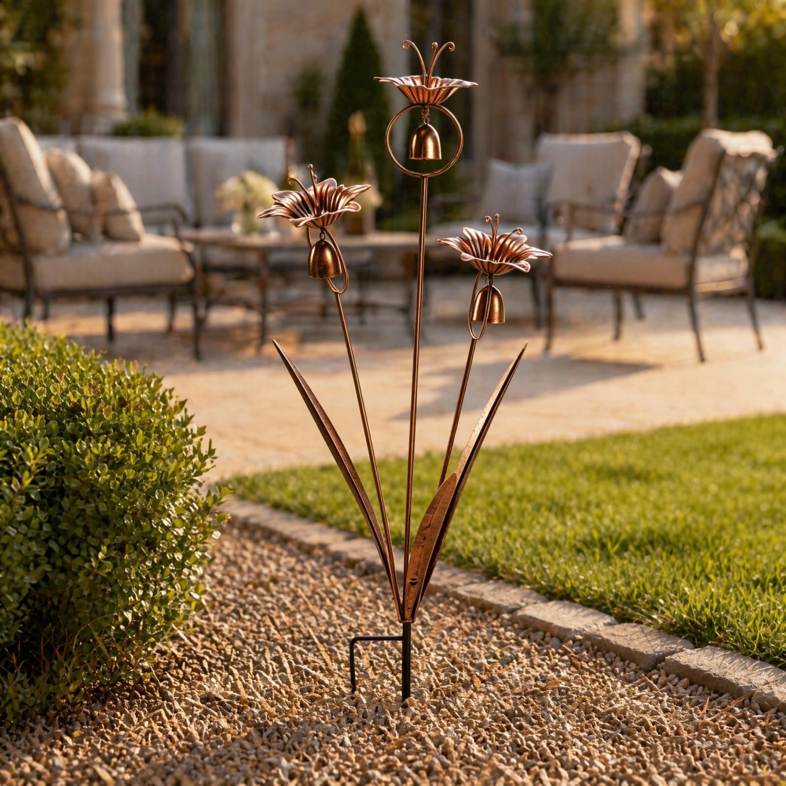 Quoravel Metal Bronze Calla Lily Wind Chime with Bells, Rustproof Ground Stake Yard Art, for Yard Balcony Garden Window 1pc
