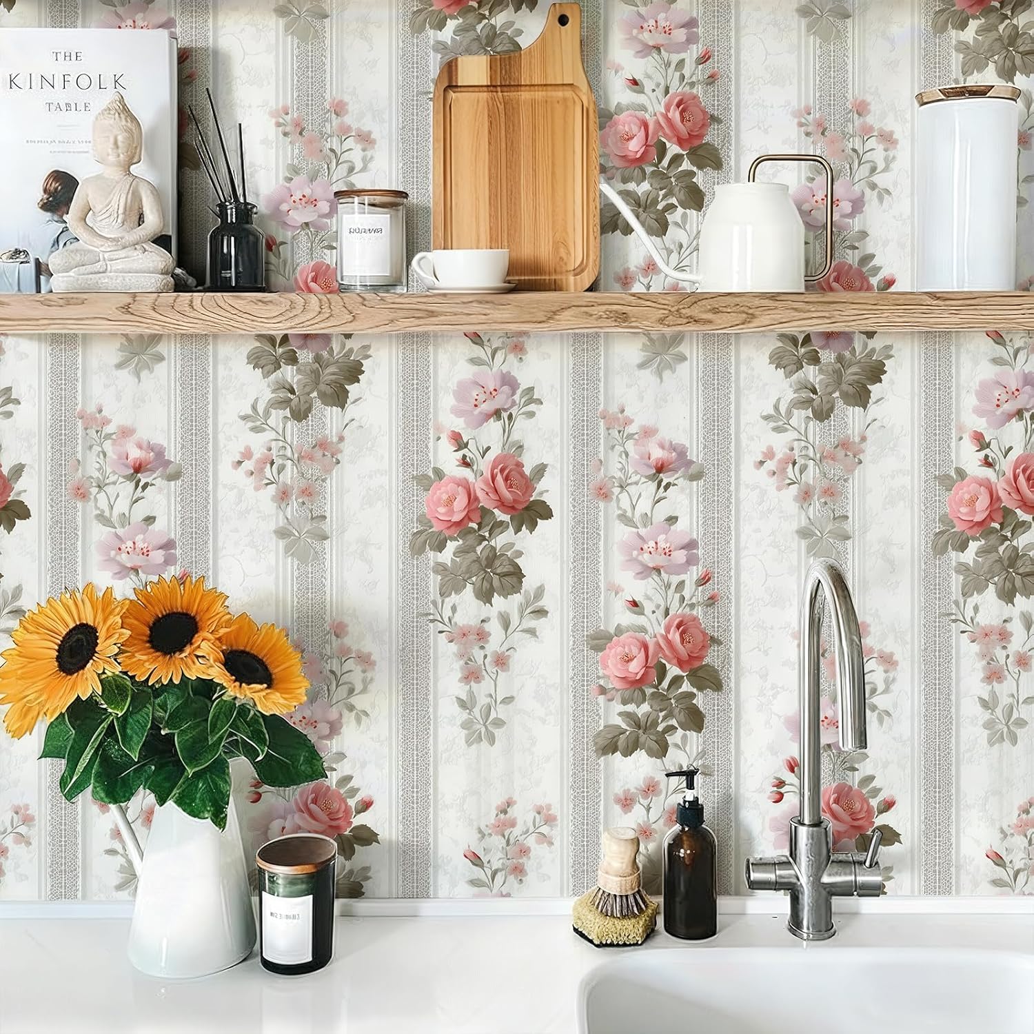 Vintage Floral Lace-Stripe Wallpaper Peel and Stick Removable 17.7" x 236.22" Lavender Rose Moss-Green Leaf Wall Paper Self Adhesive for Classroom Bedroom Laundry Room Bathroom