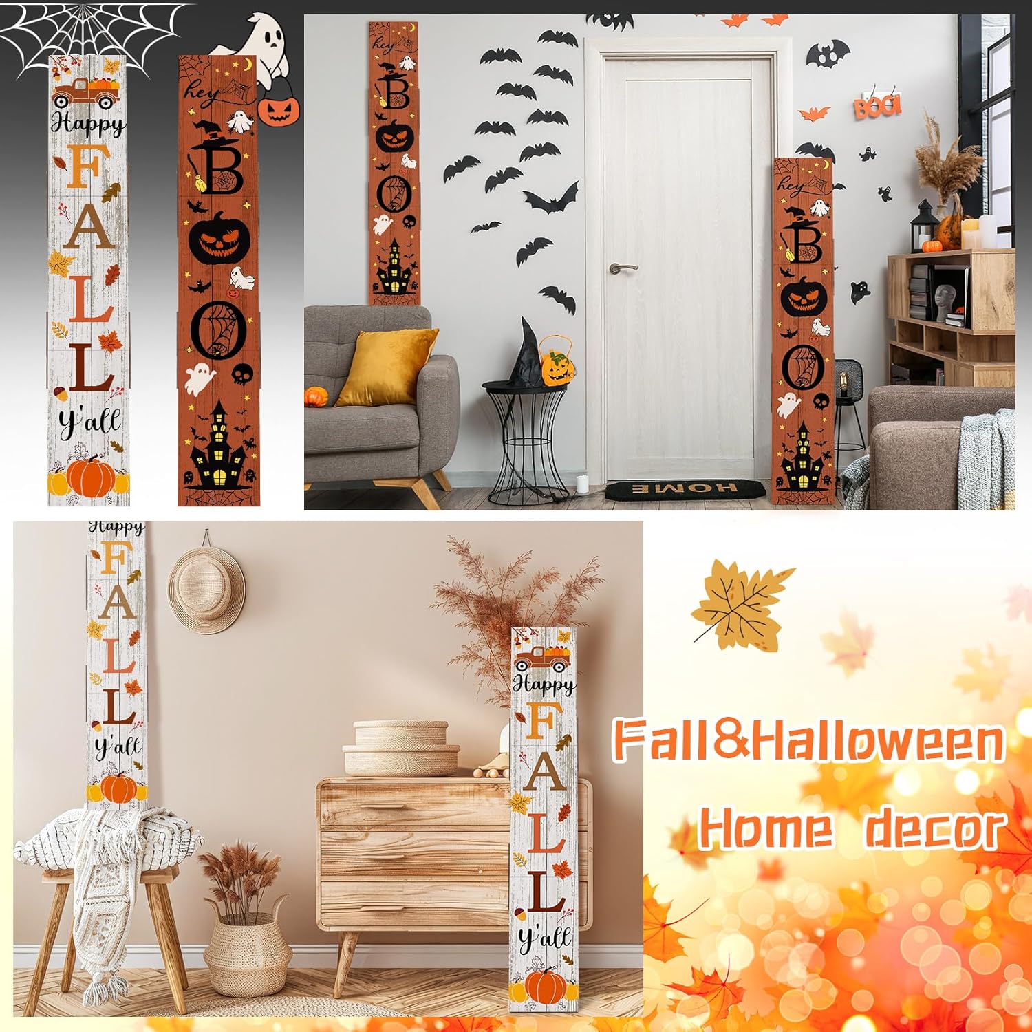 2 in 1 Fall Porch Sign Decor 47" Double Side Halloween Hey Boo Wooden Porch Decor Large Happy Fall Y'all Outdoor Welcome Sign Farmhouse Halloween Decorations for Front Door Home Wall Hanging Yard