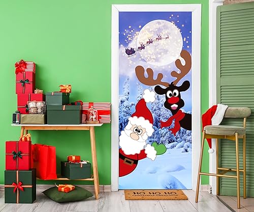 Miniatura 3 de Cubierta de puerta de Navidad, decoración de puerta de Feliz Navidad, linda cubierta de puerta de reno de Papá Noel, cubierta de puerta de fondo de