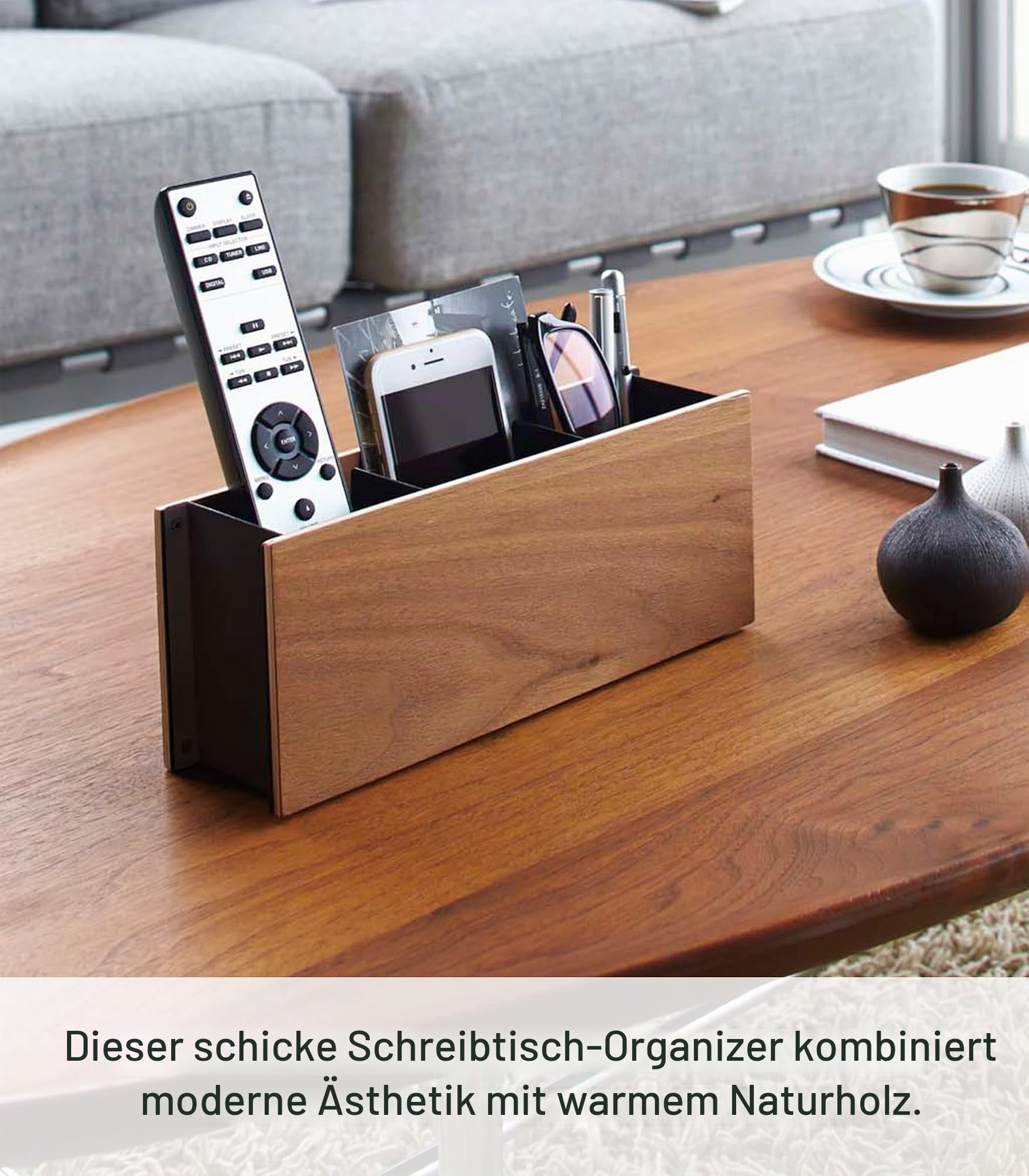 YAMAZAKI 2731 RIN Desk Organiser, black, Wood/Steel, 25 x 7 x 10.2 cm