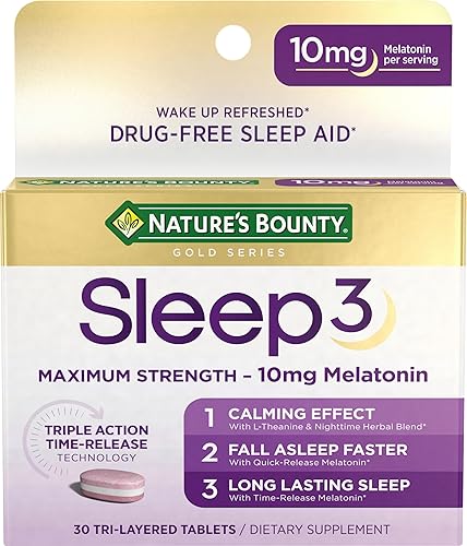 Nature's Bounty Melatonina, Sleep3 - Ayuda para dormir de máxima resistencia, 100% libre de medicamentos, L-teanina y tecnología de liberación de