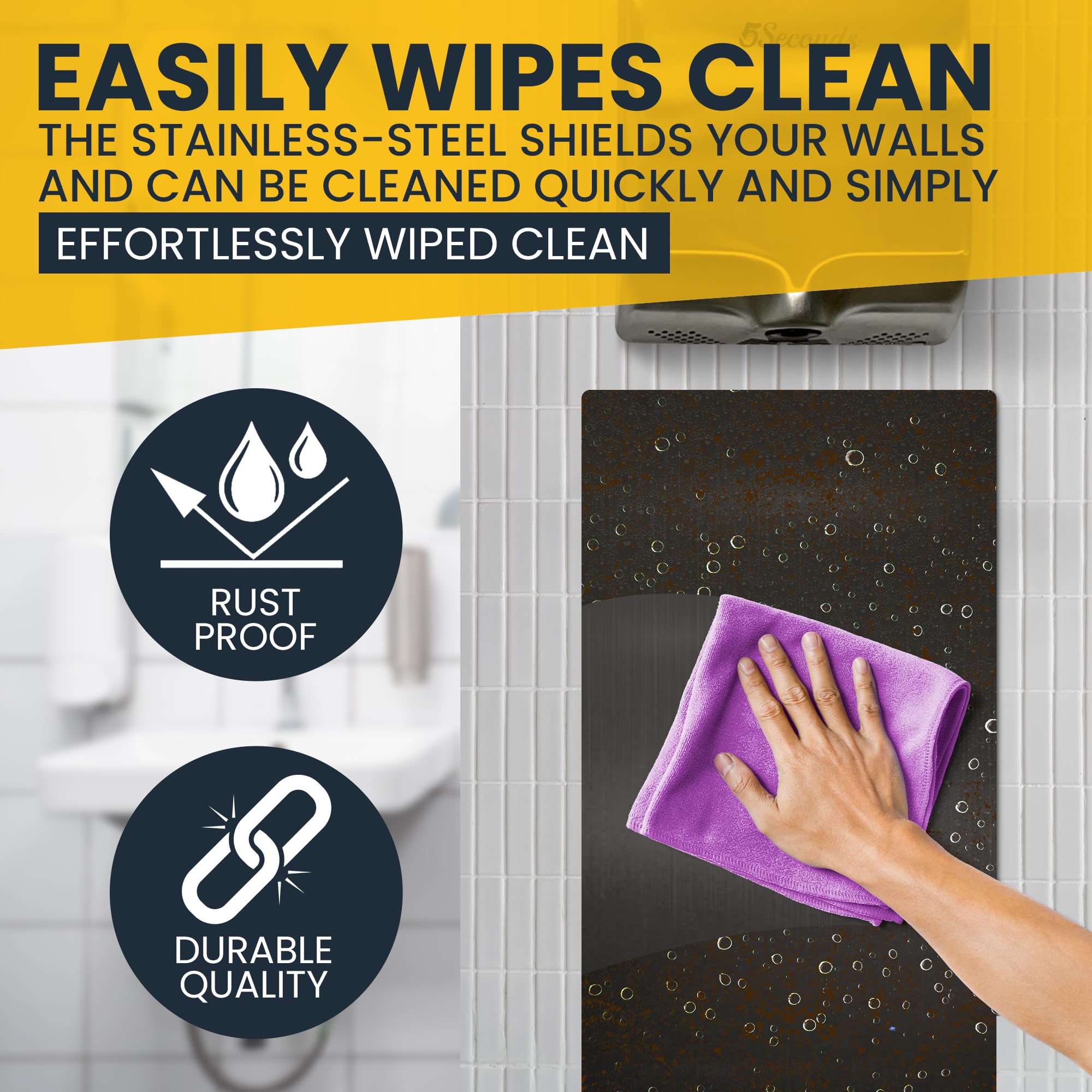 5Seconds - Wall Guard for Hand Dryer, Stainless Steel Wall Splash Guard Adhesive Tape Strips, Easy-Wipe Splash Guard, 31-3/4