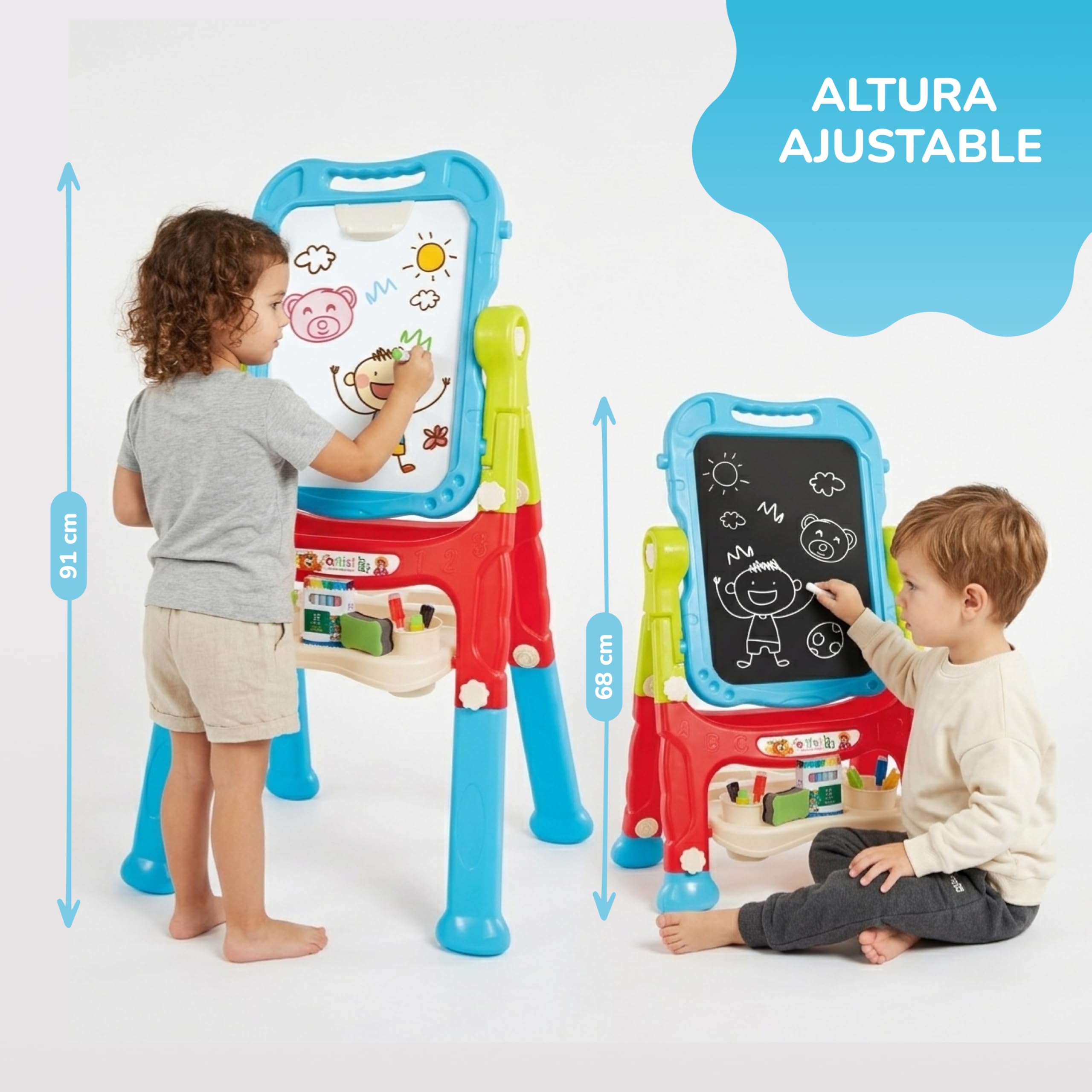 GalPat Baby Pizarra Infantil Magnética Doble Cara, Caballete para Niños con Altura Regulable, Incluye Tizas, Rotuladores, Letras y Números Magnéticos, Ideal para Aprendizaje y Creatividad