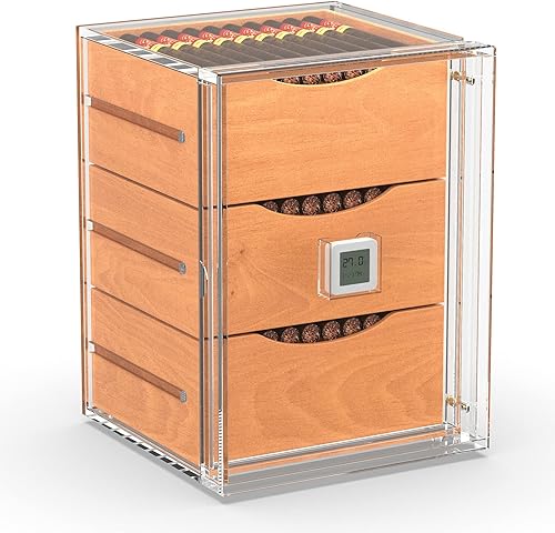 Humidor acrílico, gabinete humidor de cigarros para 100 puros con higrómetro digital preciso, 3 cajones de humidor de cedro español, regalos