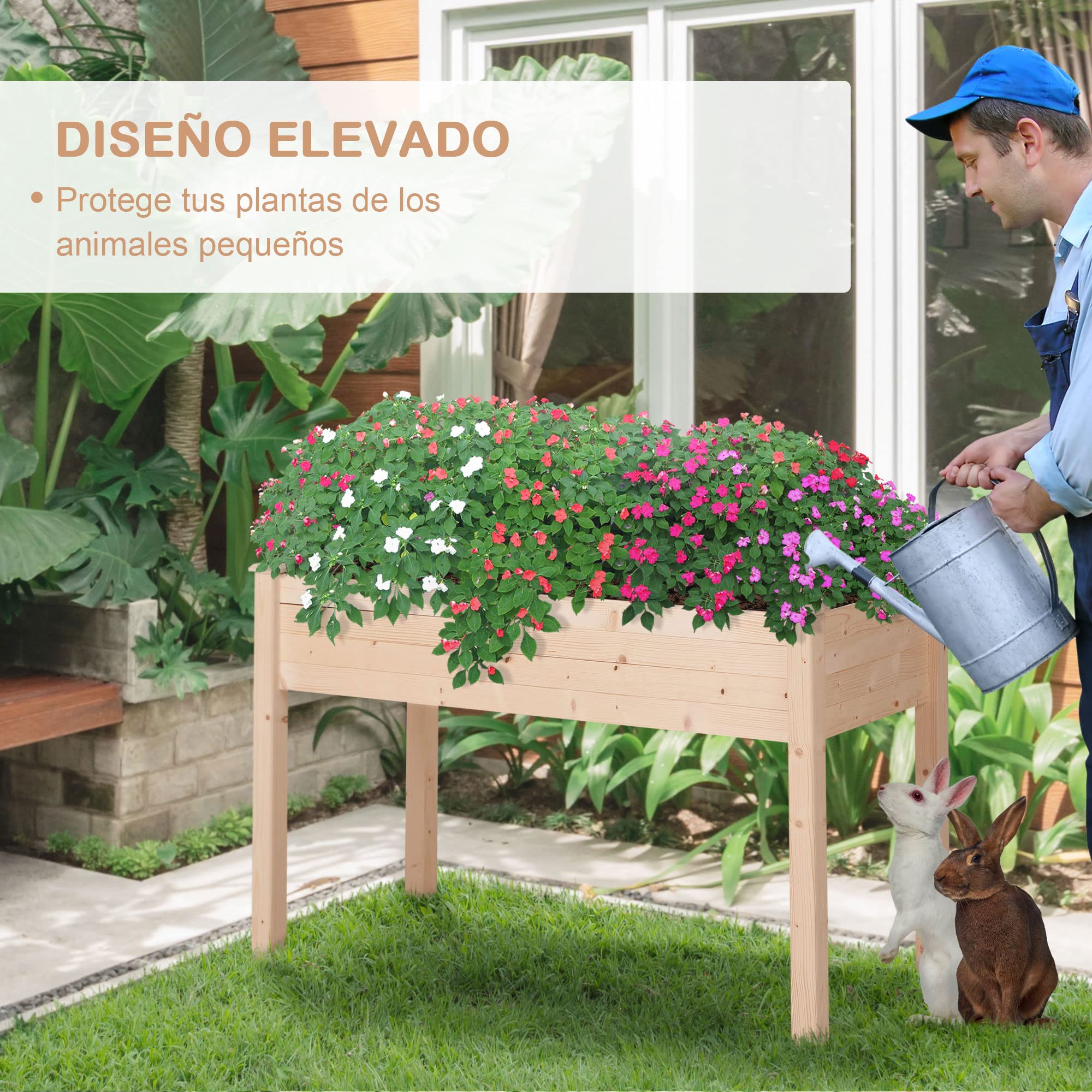 Outsunny Huerto Urbano Elevado de Madera, Mesa de Cultivo con Tela no Tejida y 4 Orificios de Drenaje, para Cultivo, Plantas, Flores y Verduras, 122,5x56,5x76 cm, Natural
