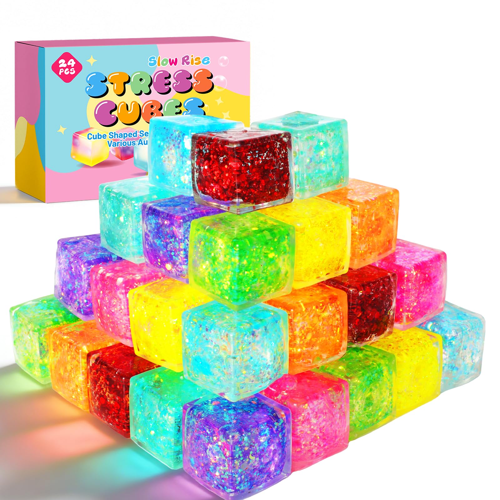 Photo 1 of 24 Pack Slow Rising Ice Cube Squishy Stress Balls?Stress Cube for Adults Kids , Sensory Fidget Toy for Anxiety Relief, Square Squeeze Toy for Classroom Prizes, Mini Nice Cube Squishy for Party Favors