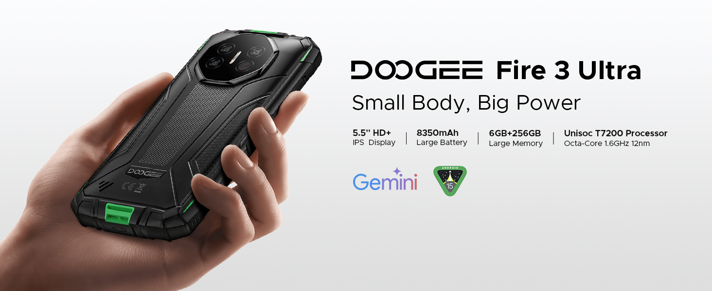 DOOGEE Fire 3 Ultra Rugged Smartphone, 8350mAh, Android 15 Rugged Phone With Gemini AI, 5.5" HD , Octa Core, 24GB 256GB Waterproof Phone, 20MP Night Vision Camera, Fingerprint Unlock, NFC, IP68/IP69K - View #3