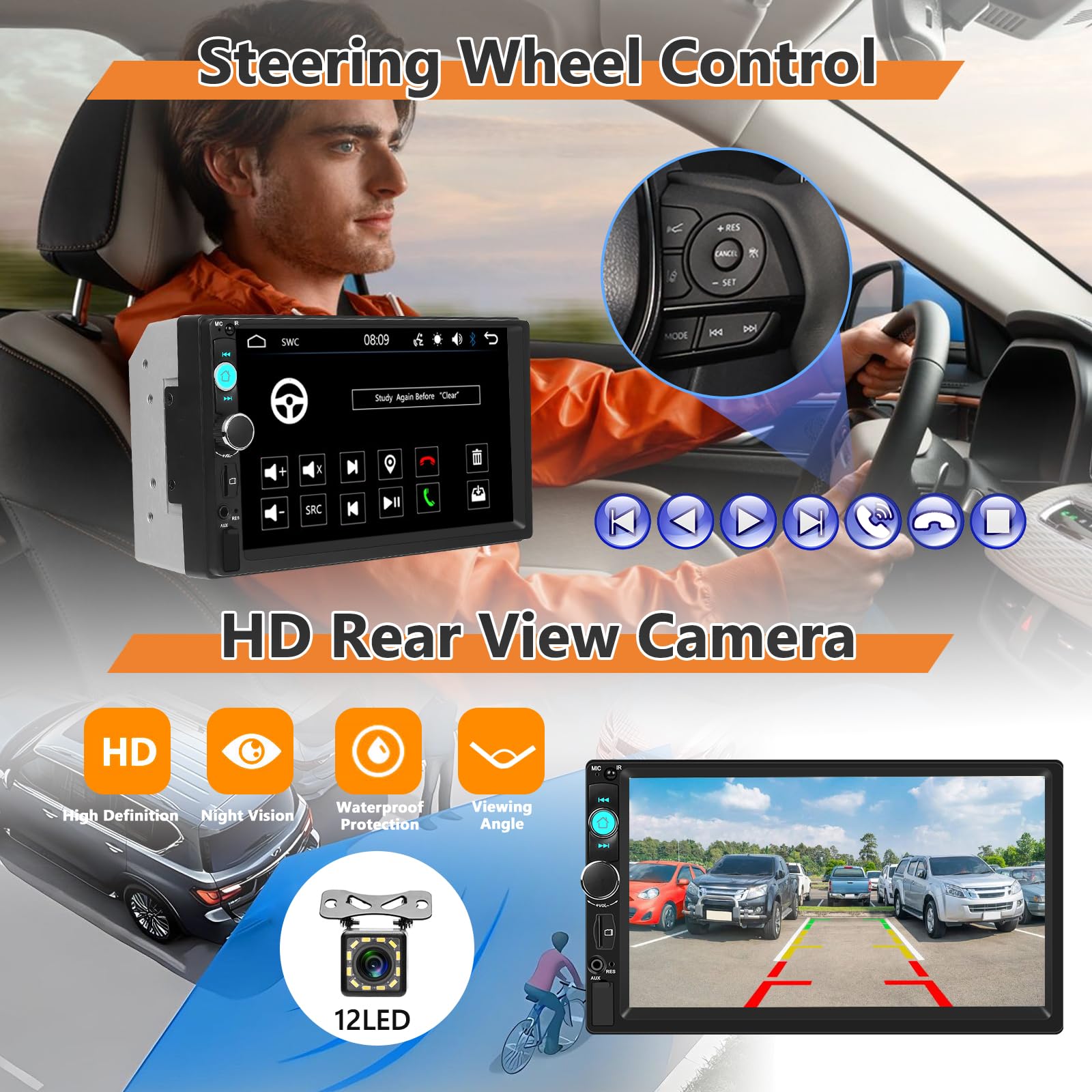 Autoradio 2 Din con Bluetooth, 7 Pollici Mirror Link Stereo Auto con Schermo USB FM Radio AUX TF Controllo del Volante Collegamento Mirror per Telefono Android/iOS + Telecamera Posteriore