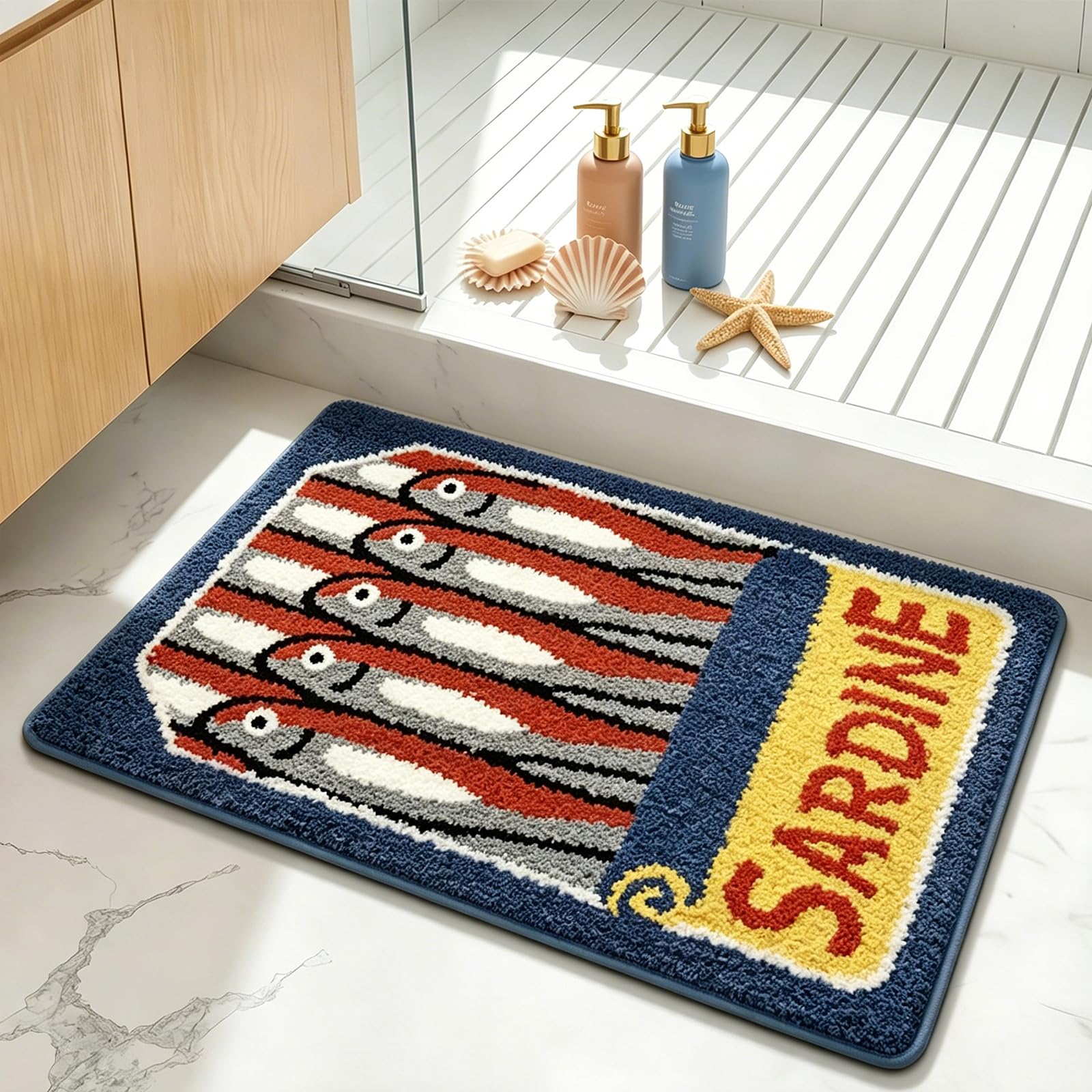 AVEKI Sardine Can Bath Mat Non-Slip Absorbent Plush Rug, Funny Retro Fish Design Vintage Ocean Home Decor Machine Washable for Bathroom Kitchen Decor 20" x 31" (Canned Fish-B) — image 1