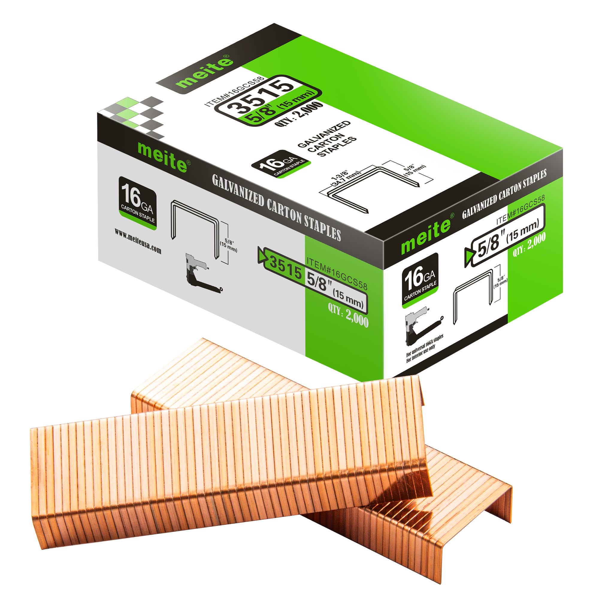 meite Grapas para Cierre de Cajas de Cartón, Calibre 16, Corona Ancha de 34,7 mm, Pata de 15 mm, Recubiertas de Cobre, para Grapadora Neumática o Manual, Embalaje de Cartón, 2.000