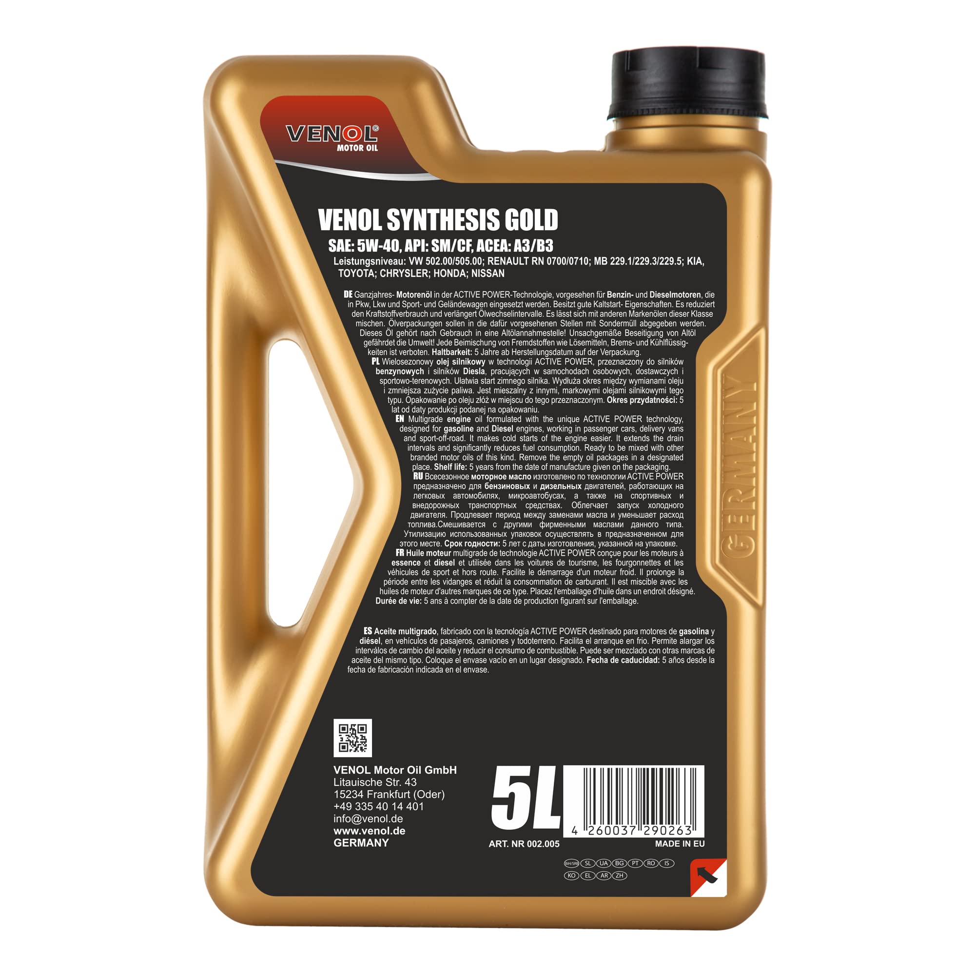 VENOL Huile Moteur 5W40 ACEA A3/B3 Synthesis Gold Essence/Diesel (5L)
