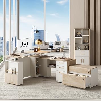 ModernMate Furniture Sets, 63" Standing Desk with 59" Bookshelf and 2 Drawer lateral File Cabinet, Home Office Furniture Set, Light Walnut