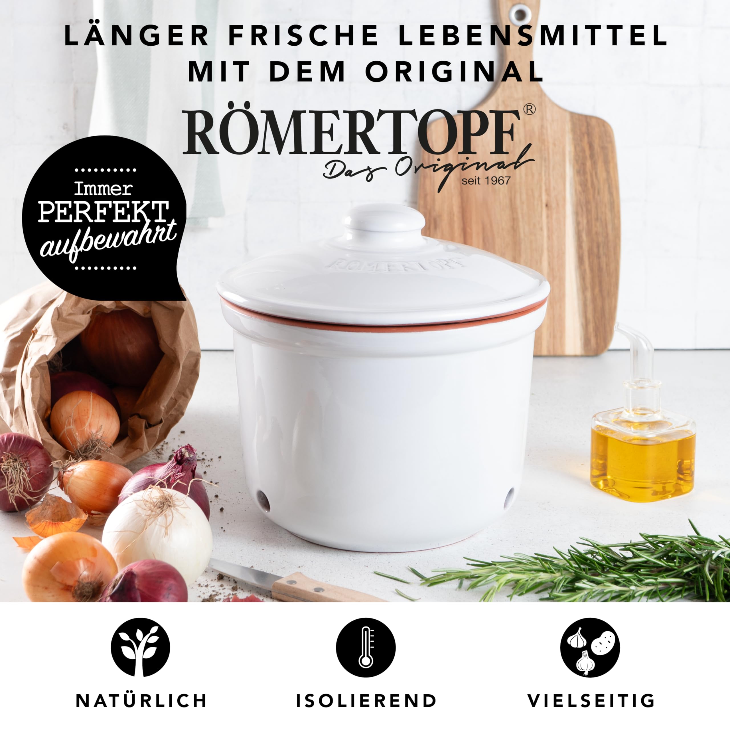 Römertopf Zwiebeltopf MAXI aus Naturton, weiß, Ø 20 cm, belüfteter Keramik-Vorratstopf mit 3 Lüftungslöchern, spülmaschinengeeignet, feuchtigkeitsregulierend, zur Aufbewahrung von Zwiebeln & Gemüse | 20,0cm weiß