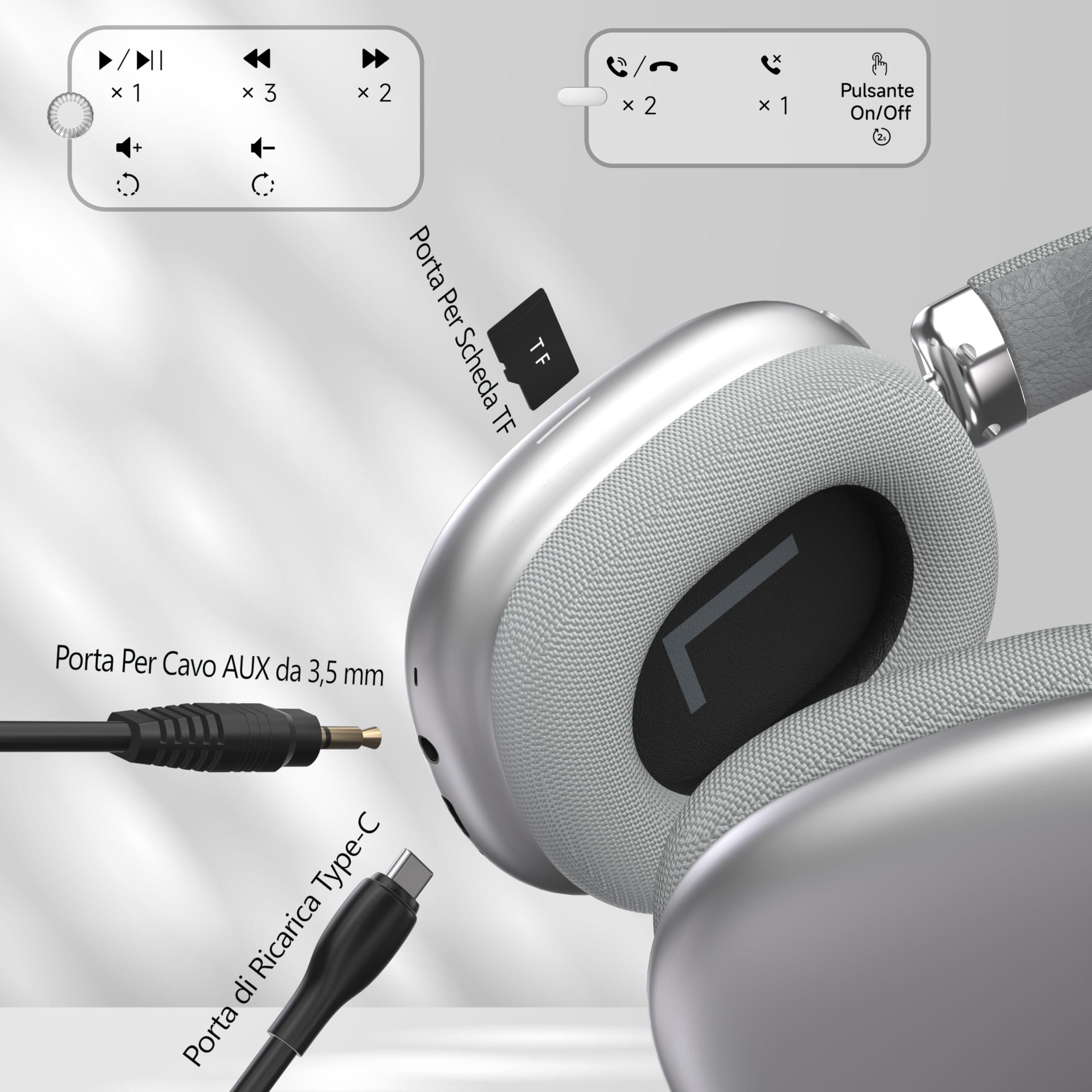 P5 Cuffie Gaming Bluetooth 5.3 Wireless, Headphones Con Filo Con Microfono Over Ear Leggeri Regolabili Senza Fili,TF,Per Sport/Running/Palestra/Viaggi,Per iPhone/Android/Samsung/TV/PC (Argento)