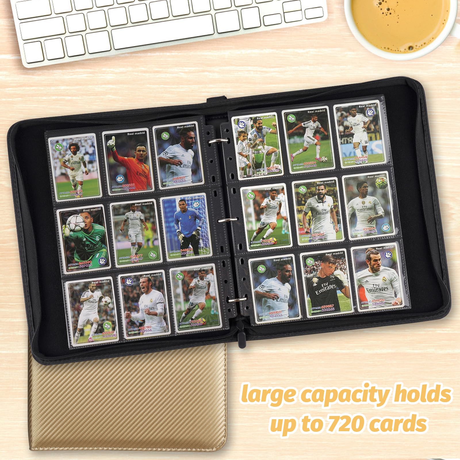 GERMUN 9 Pocket Card Binder, Premium Zip Sammelkarten Binder, 720 Doppelseitige Tasche PU Karten Sammlung Binder, Sammelkarten Album, Kartenordner für MTG, TCG, Sportkarten, Spielkarten (Gold)