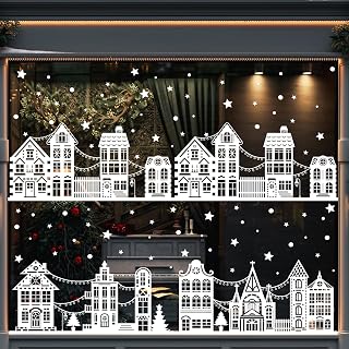 72" Christmas Window Clings,Winter House Window Decals White Simple Style Reusable Non Adhesive Street Scene Border Stickers for Home Cafe Shopping Mall Glass Door Christmas Decor