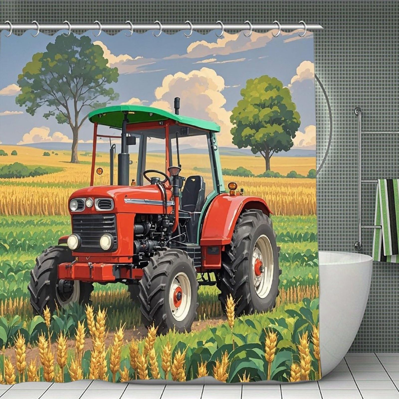 FekiLoot Tractor Theme Shower Curtain Minimalist Thick Bathroom Curtain Washable Modern Bathroom Shower Curtain Heavy Duty Waterproof Cloth Bath Curtain with Hooks 70.8"x70.8"