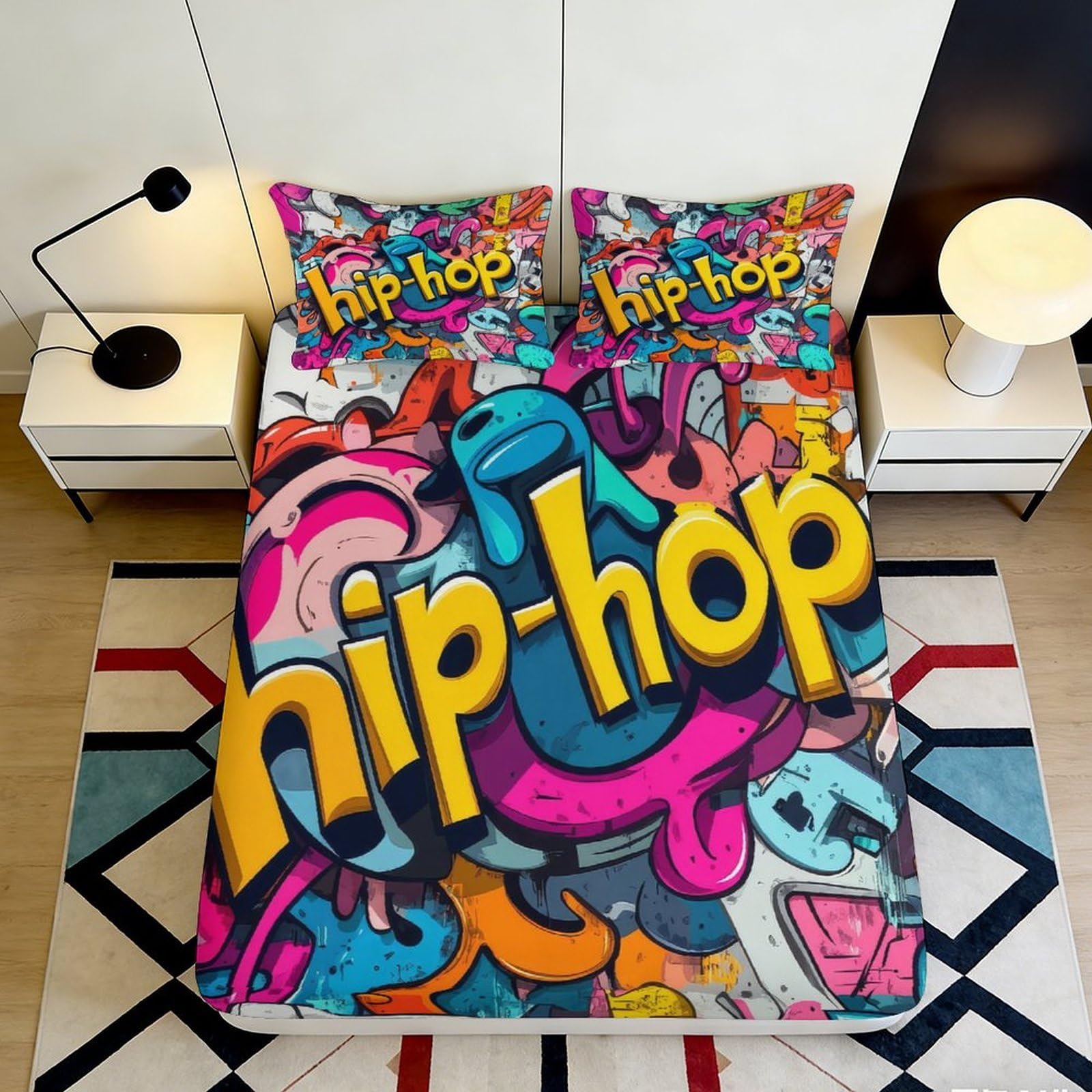3D Printed Graffiti Hip-Hop Fitted Sheet Microfiber Colourful Urban Art Bed Cover for Bedroom Dorm Mattress Protection 160x200x25cm