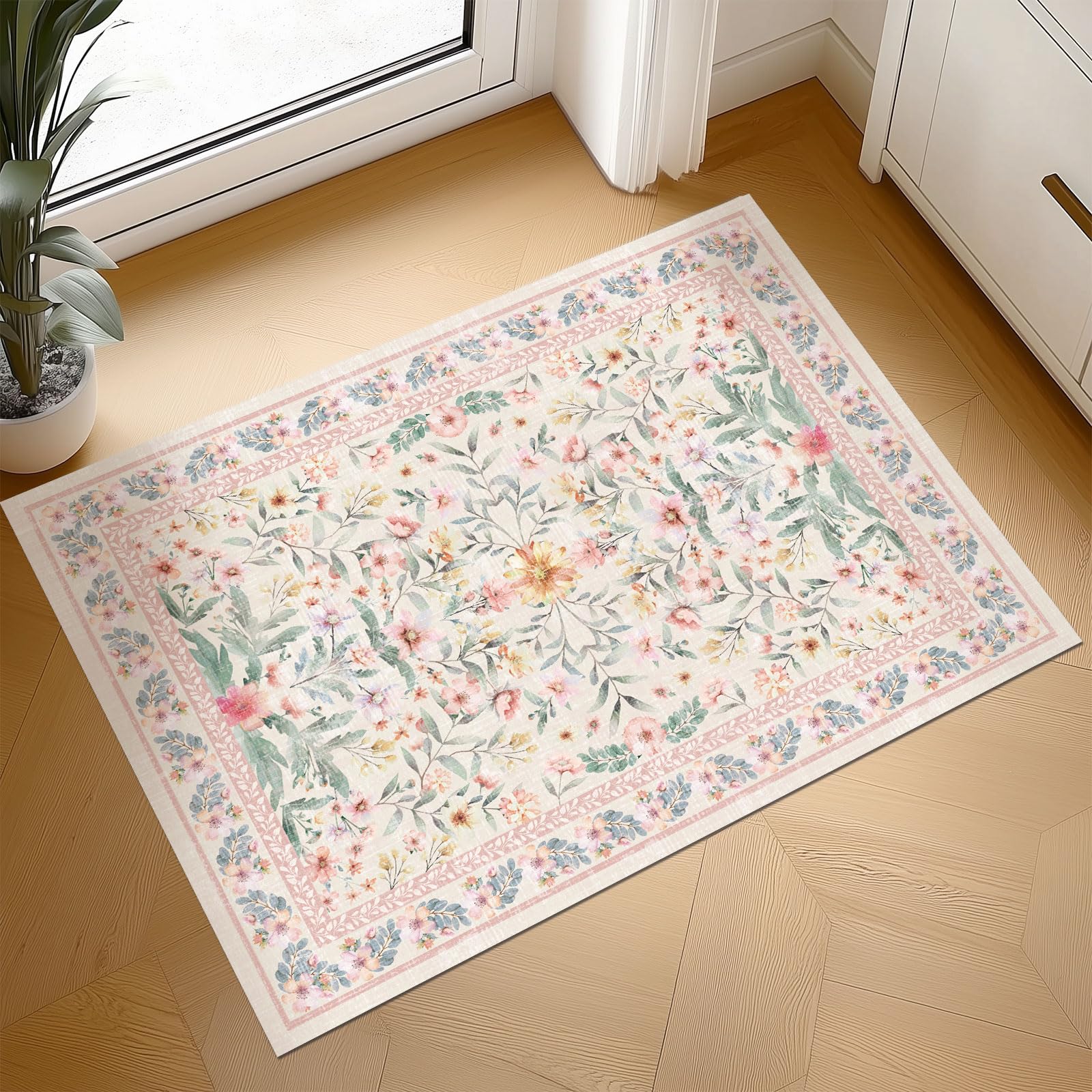 Washable Boho Entryway Rug 2 3 Pink Green Small Rug Hot Beige Colorful Color Floral Door Mat Indoor