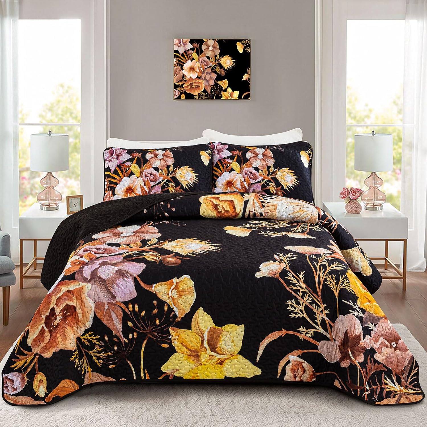 Drucon Floral Quilt Set Queen 3 Pieces Yellow Floral Quilt Coverlet Set