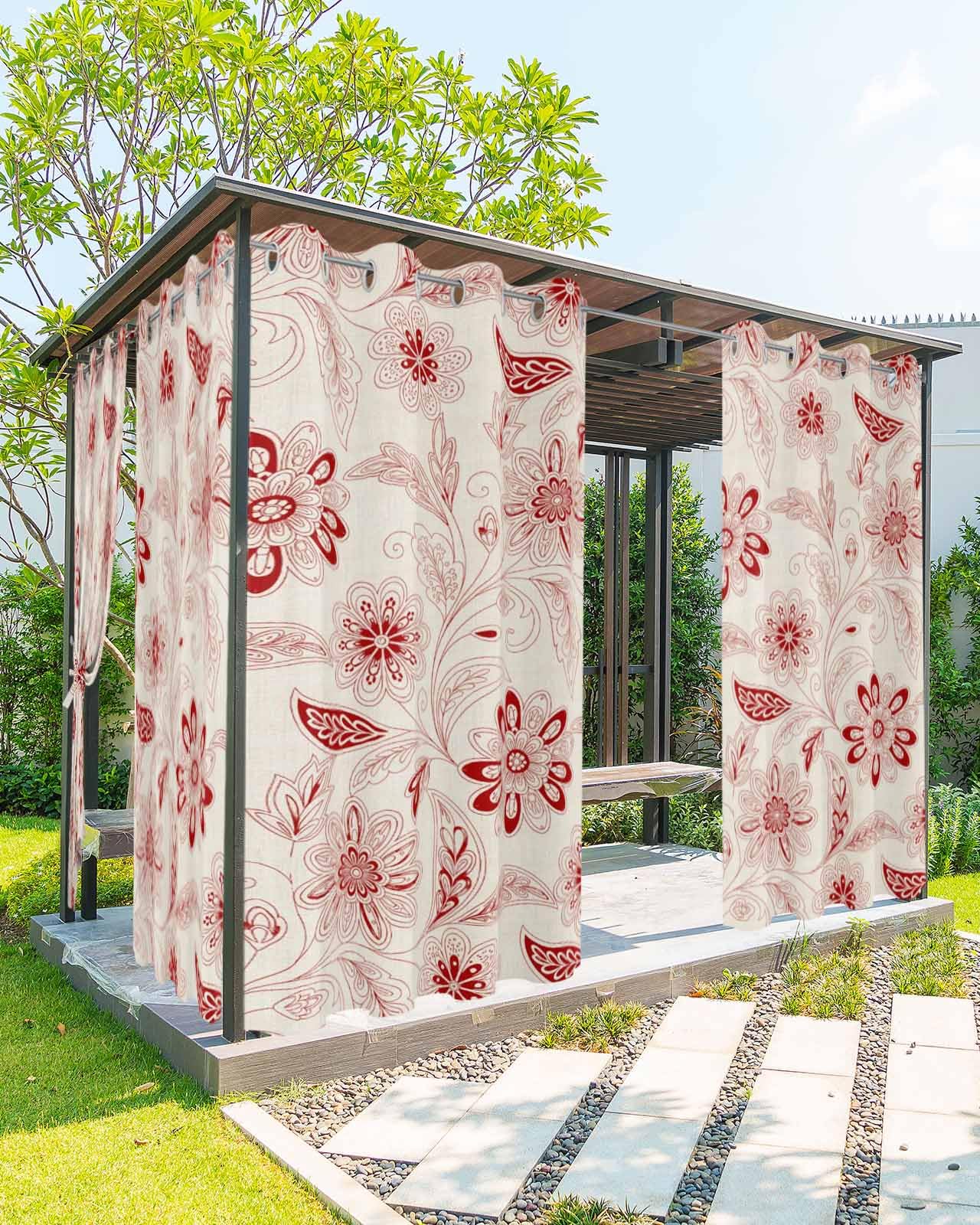 Waterproof Outdoor Curtains for Patio Porch, Retro Farmhouse Floral Texture Grommet Curtain Panel Windproof Outside Curtains Tieback, Abstract Ethnic Flower Weighted Window Treatment Drapes