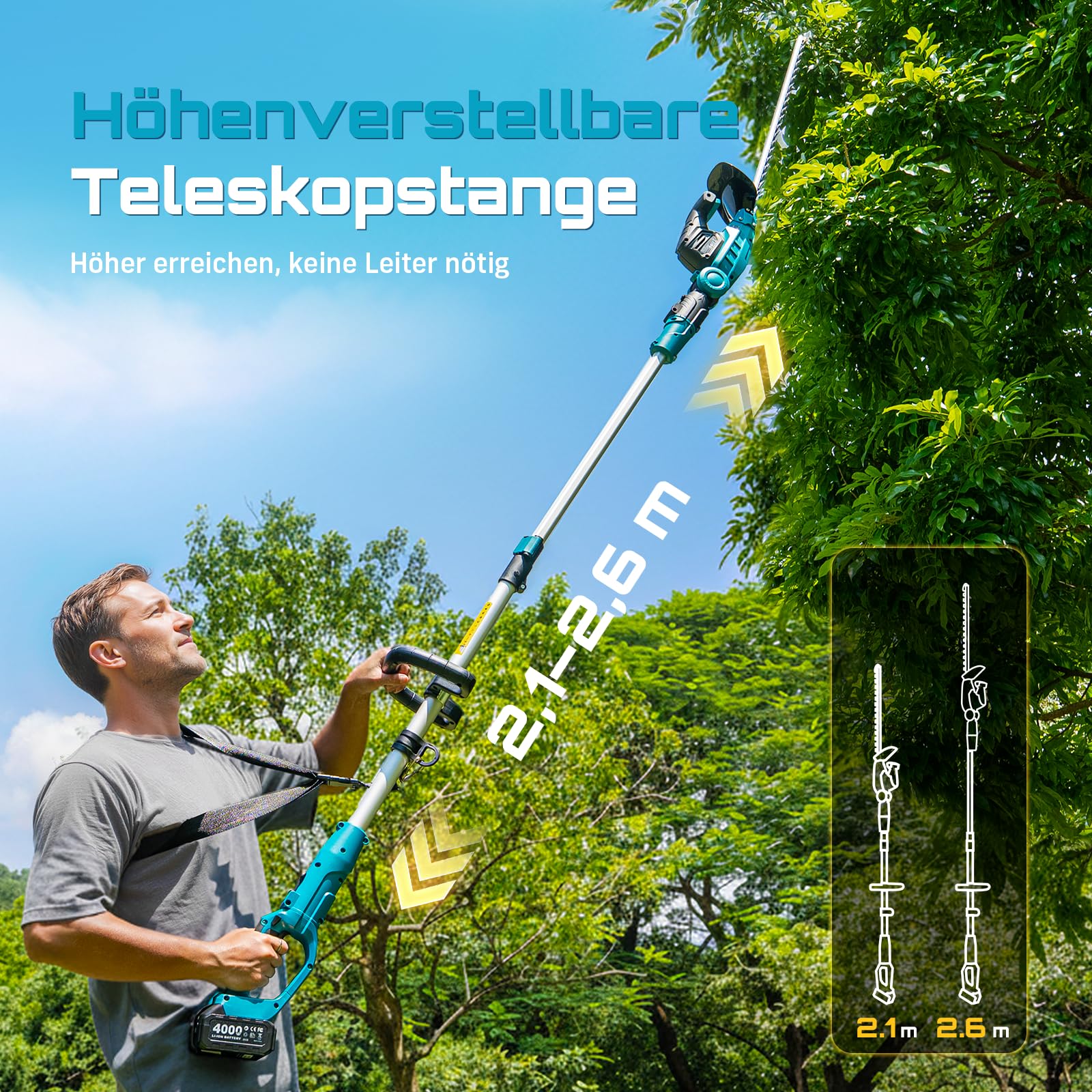 SEESII 2-in-1 Teleskop Heckenschere Akku: Elektrische Heckenschere mit 53 cm Doppelklinge, Teleskopstange bis 2,6 m, 18 mm Schnittstärke, 2 * 4,0 Ah Akkus, für Garten, Bäume und Sträucher CYCPHT05