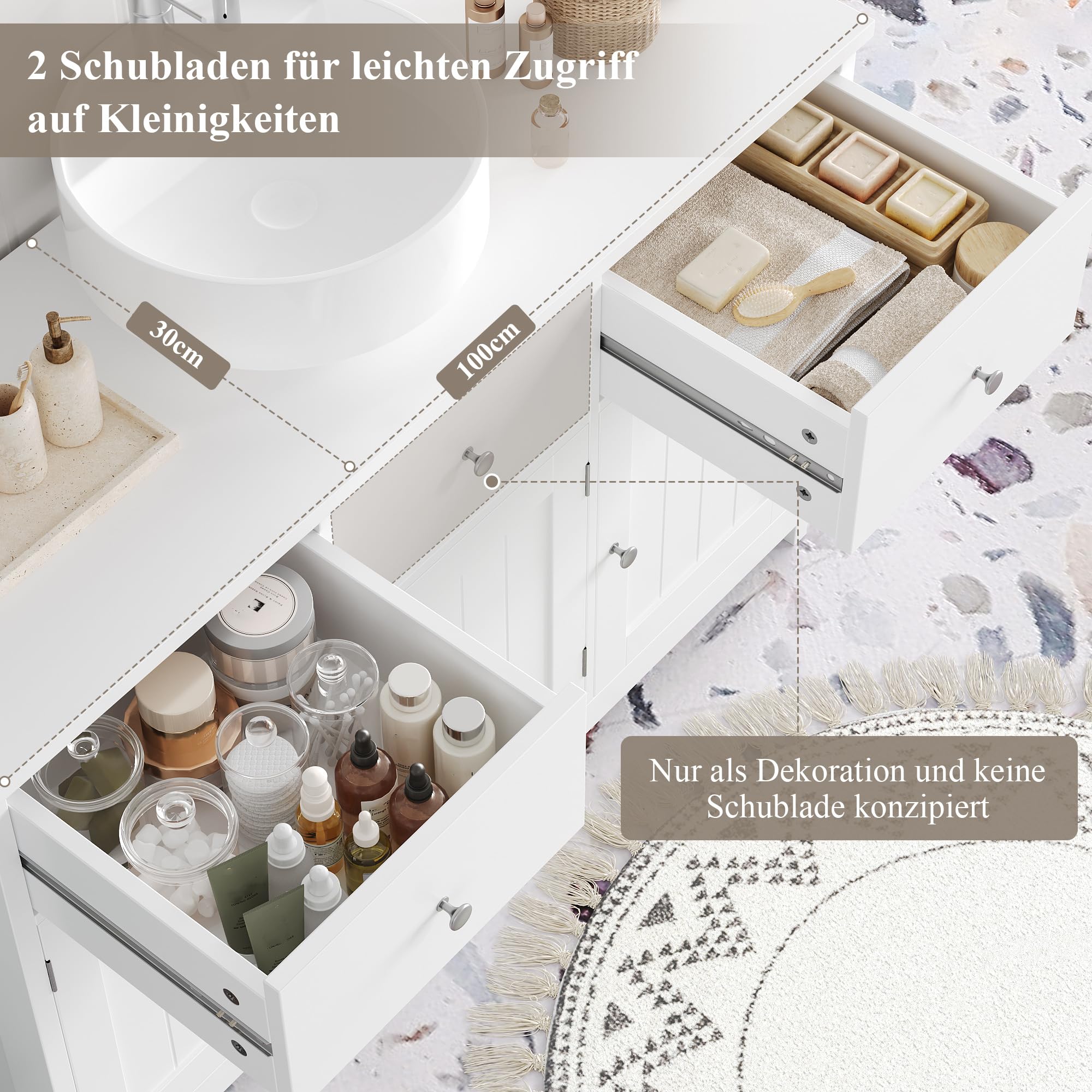 FOREHILL Waschbeckenunterschrank 100cm breit Unterschrank Badezimmerschrank mit 3 Türen und 2 Schubladen für Badezimmer,100x30x61cm, Weiß