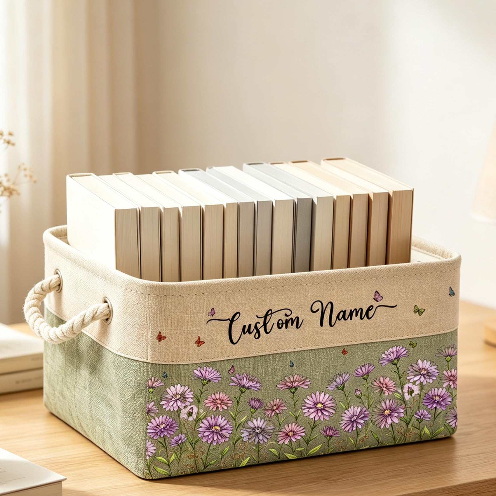 Personalized Storage Basket With Birth Month Flower Book Lover Gift, Custom Name Birth Flower Floral Book Storage Basket Organizer Gift for Women, Girls Bookish Bookworm Birthday Gifts (style 09)