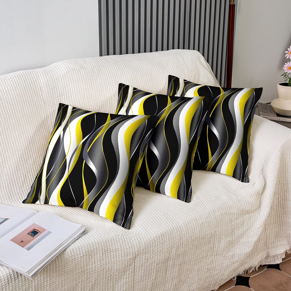 Loussiesd Geometric Throw Pillow Covers 20"x20" Set of 2 Soft White Yellow Black Grey Lines Cushion Covers for for Sofa Modern Abstract Art Decorative Pillowcases Outdoor Pillows Covers - Image 4