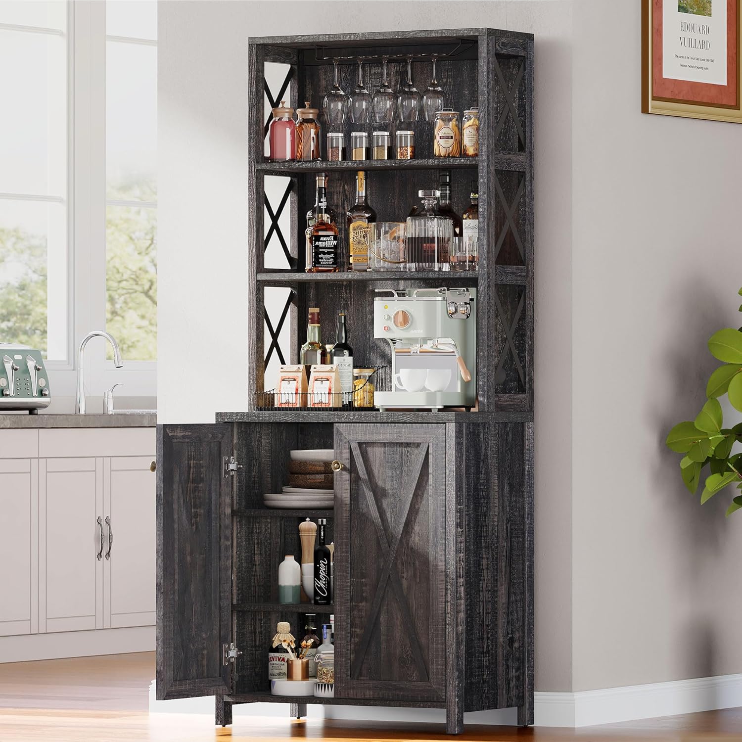DWVO 67" Tall Wine Bar Cabinet for Liquor and Glasses, Farmhouse Kitchen Cabinet Coffee Bar with Adjustable Shelves, Open Storage Shelves, Buffet Kitchen Cabinet for Dinning Room, Kitchen, Rustic Oak Dark Rustic Oak