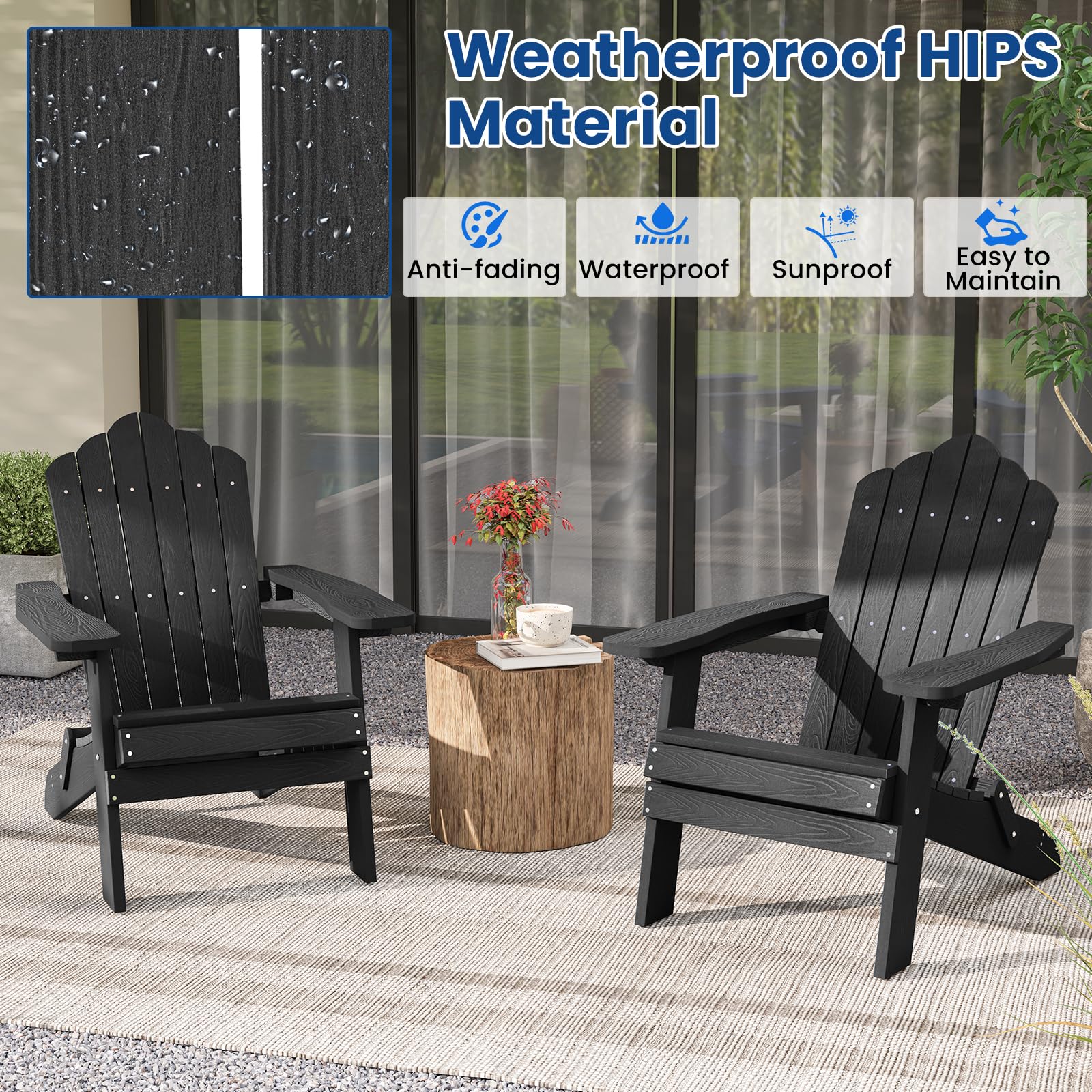 KOMFOTTEU Adirondack - Sedia pieghevole, sedia da giardino con schienale inclinato e braccioli larghi, poltrona ergonomica con carico di 180 kg, seduta esterna per balcone, terrazza (nero)