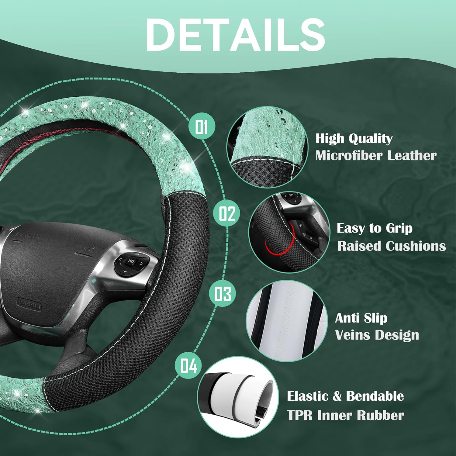 CAR PASS Universal Mint Leather Lace Car Seat Covers Full Set for Women Girls, Waterproof Car Floor Mats Carpet, Glitter Steering Wheel Cover for Car Accessories Interior Sets,10PCS Included - Image 8