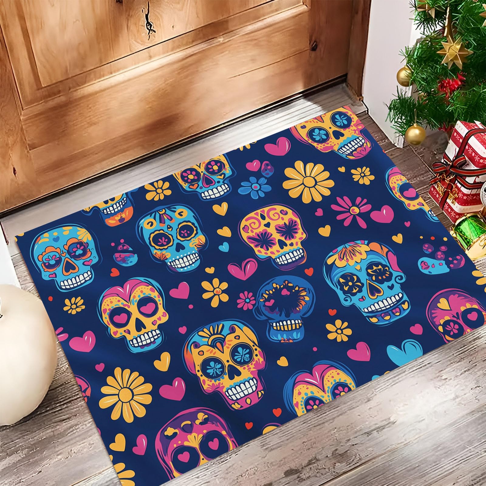 Alfombra exterior para puerta Día de Muertos felpudo de entrada 80 x 120 cm lavable antideslizante