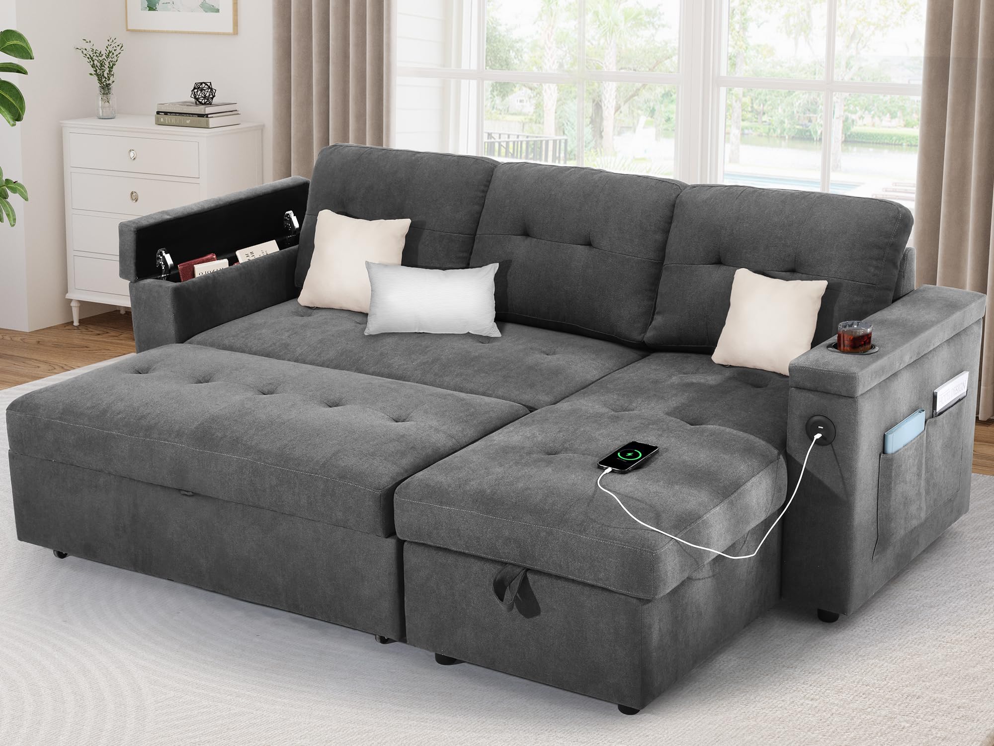 YITAHOME Sleeper Sofa Bed 3-in-1 Pull Out Sectional Sofa Couch with Storage in Chaise Armrests USB Type-C Ports