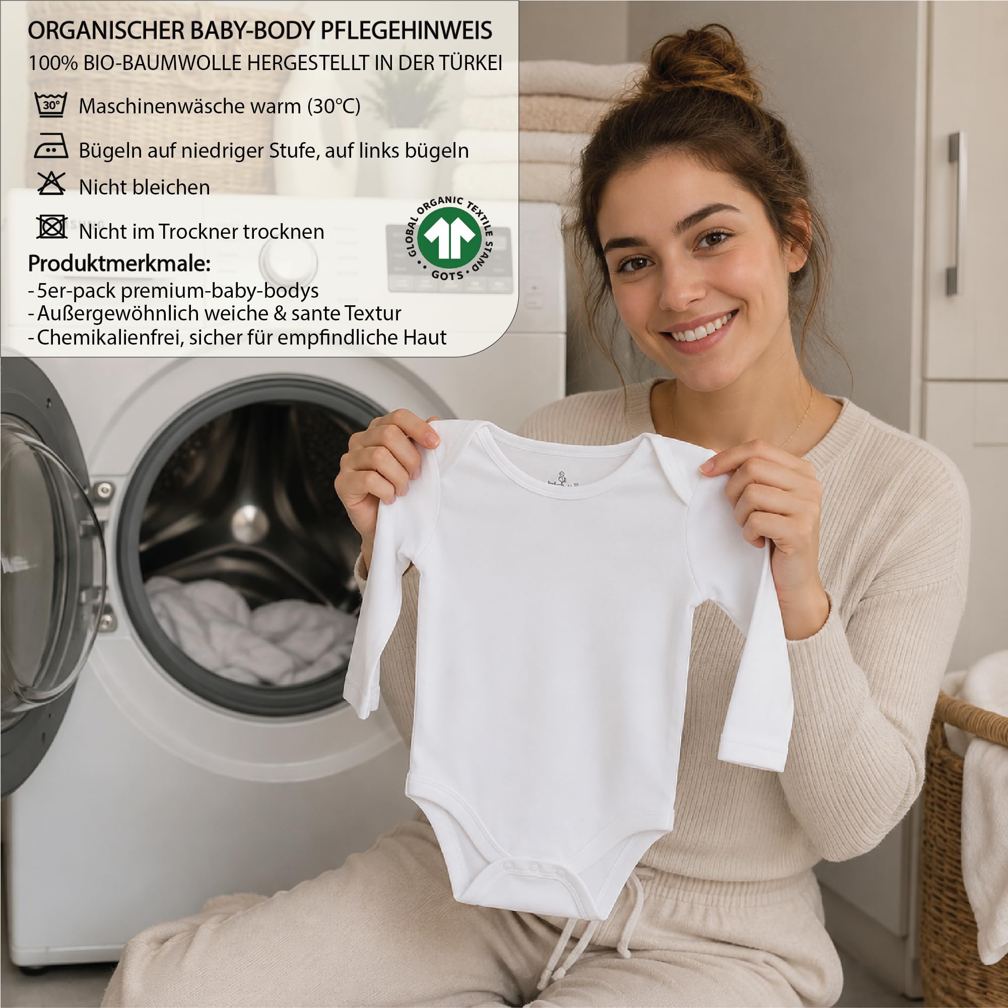 bistyle Pack de 5 bodis de manga larga para bebé, de algodón orgánico, para niños y niñas