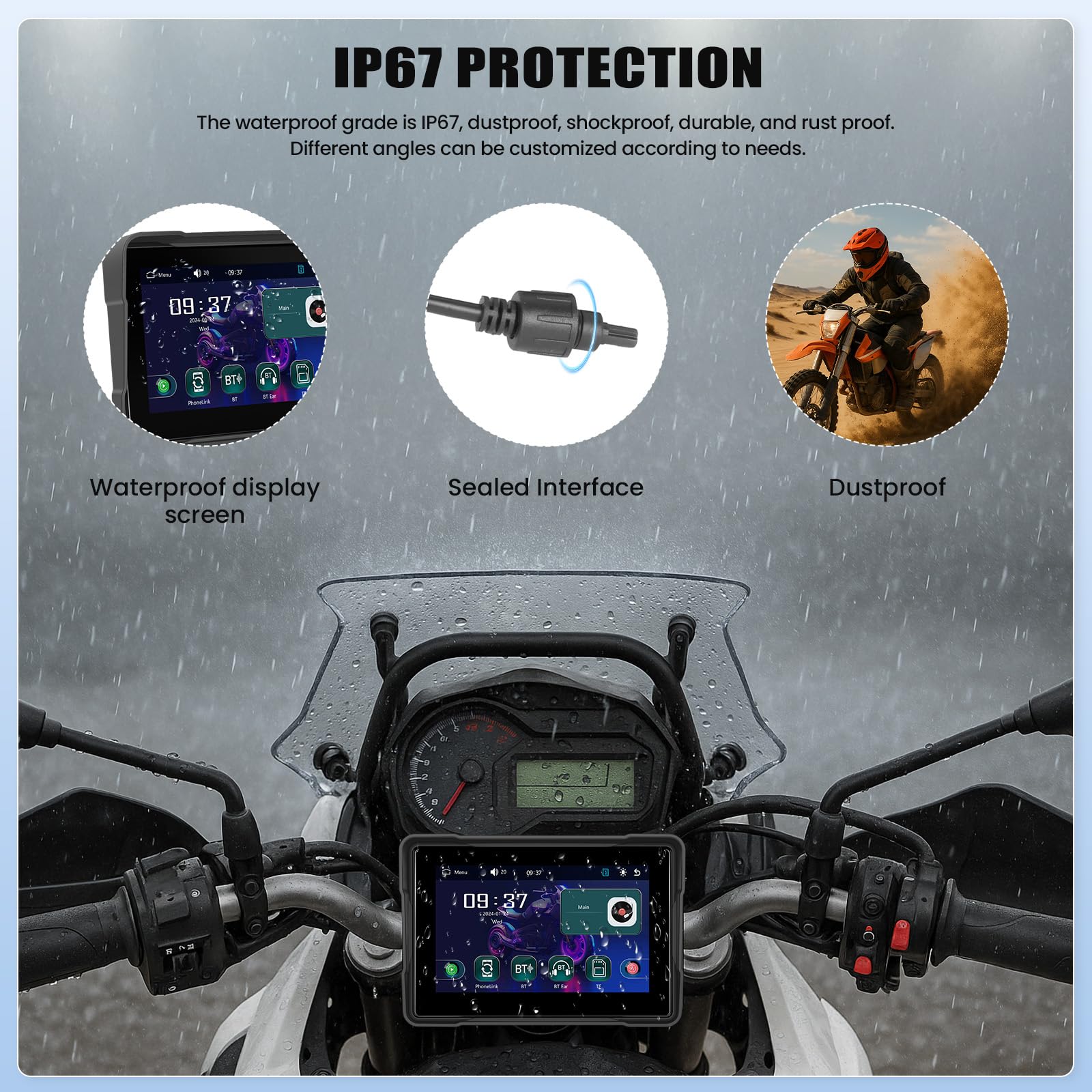 Coche de Moto Portátil con Android Auto Carplay inalámbrico 5 Pulgadas IP67 Impermeable Pantalla Táctil para Motocicletas con Cámara de Salpicadero Navegación Bluetooth Mirrorlink EQ TF Card Moto