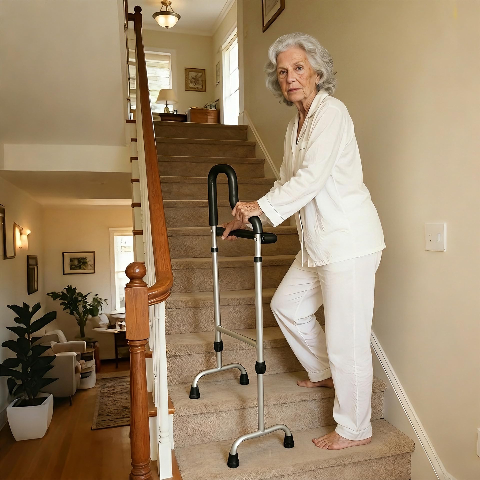 Bastón de escalera, ayuda para subir y bajar escaleras, bastón de estabilidad ajustable con doble agarre y mango de barra transversal, ayuda de movilidad para dolor de rodilla y cadera y piernas