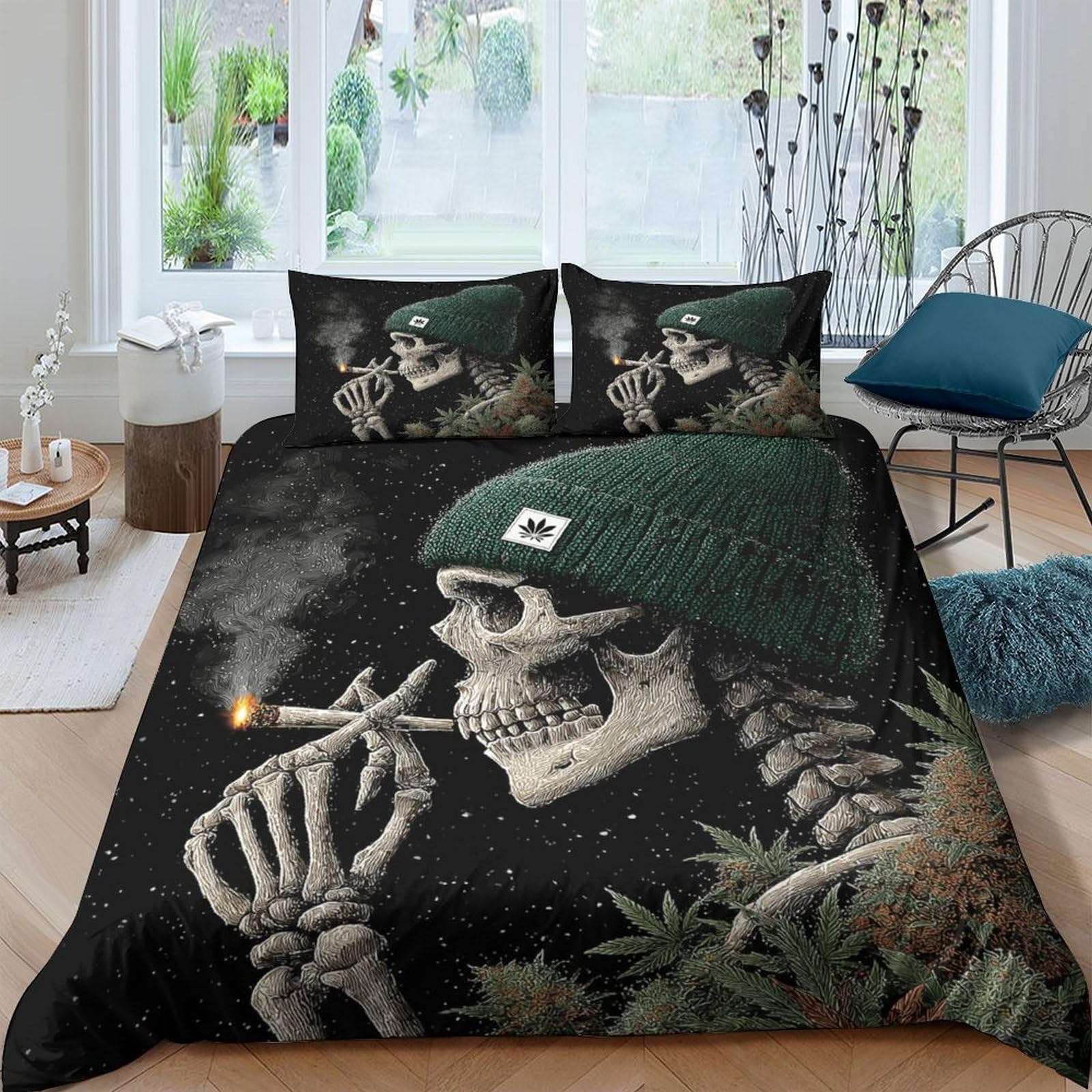 Ctjqhvkz Style-8 3D Printed Smoking Skull Fitted Sheet Microfiber Dark Art Cannabis Bed Cover For Bedroom Decor Dorm Mattress Protection Single（135X200cm）